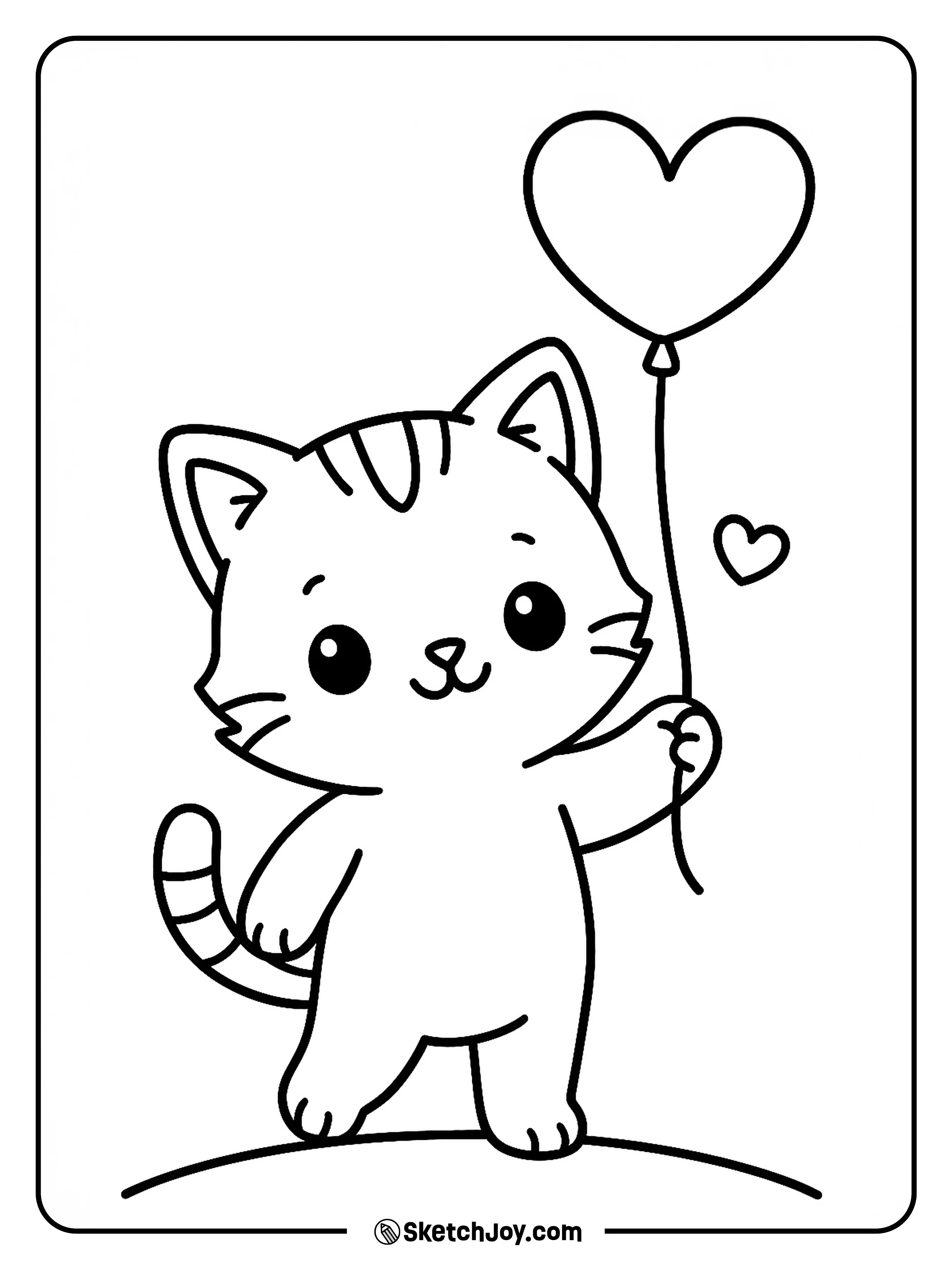 A sweet kitten holds a heart balloon string in its paw.