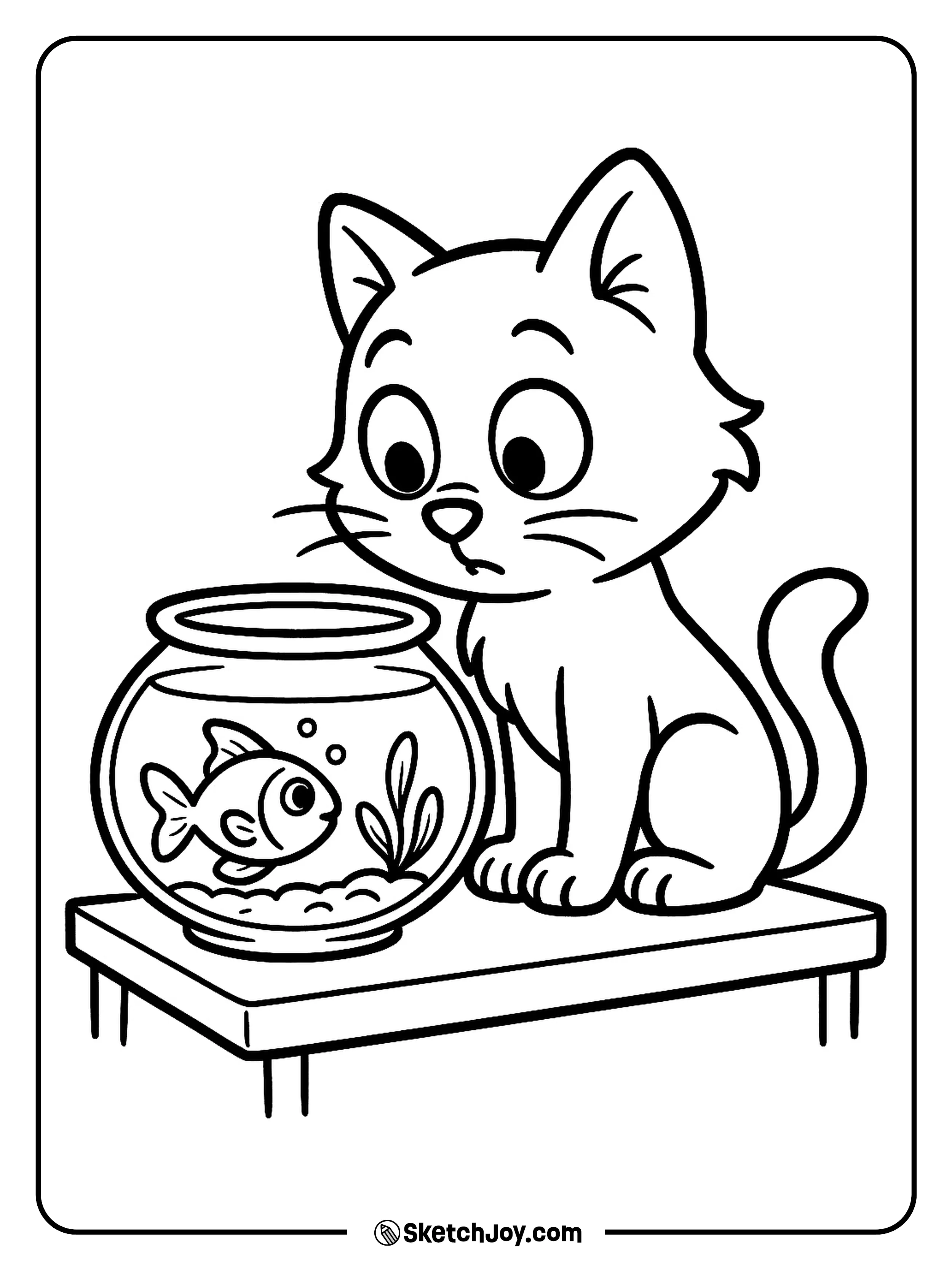 A curious cat stares at a single fish swimming in a round bowl.