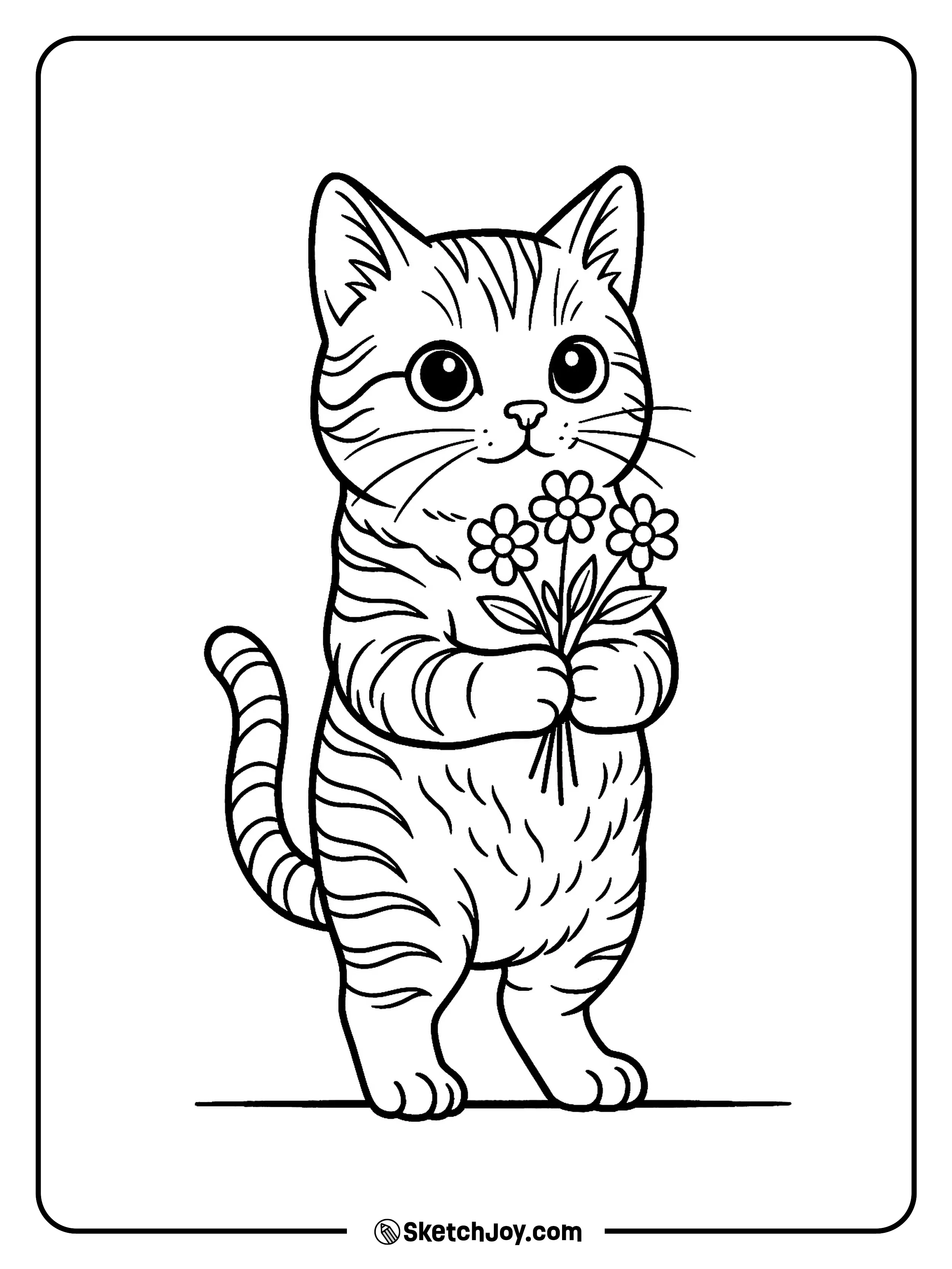 A sweet cat holds a small bouquet of flowers close to its chest.