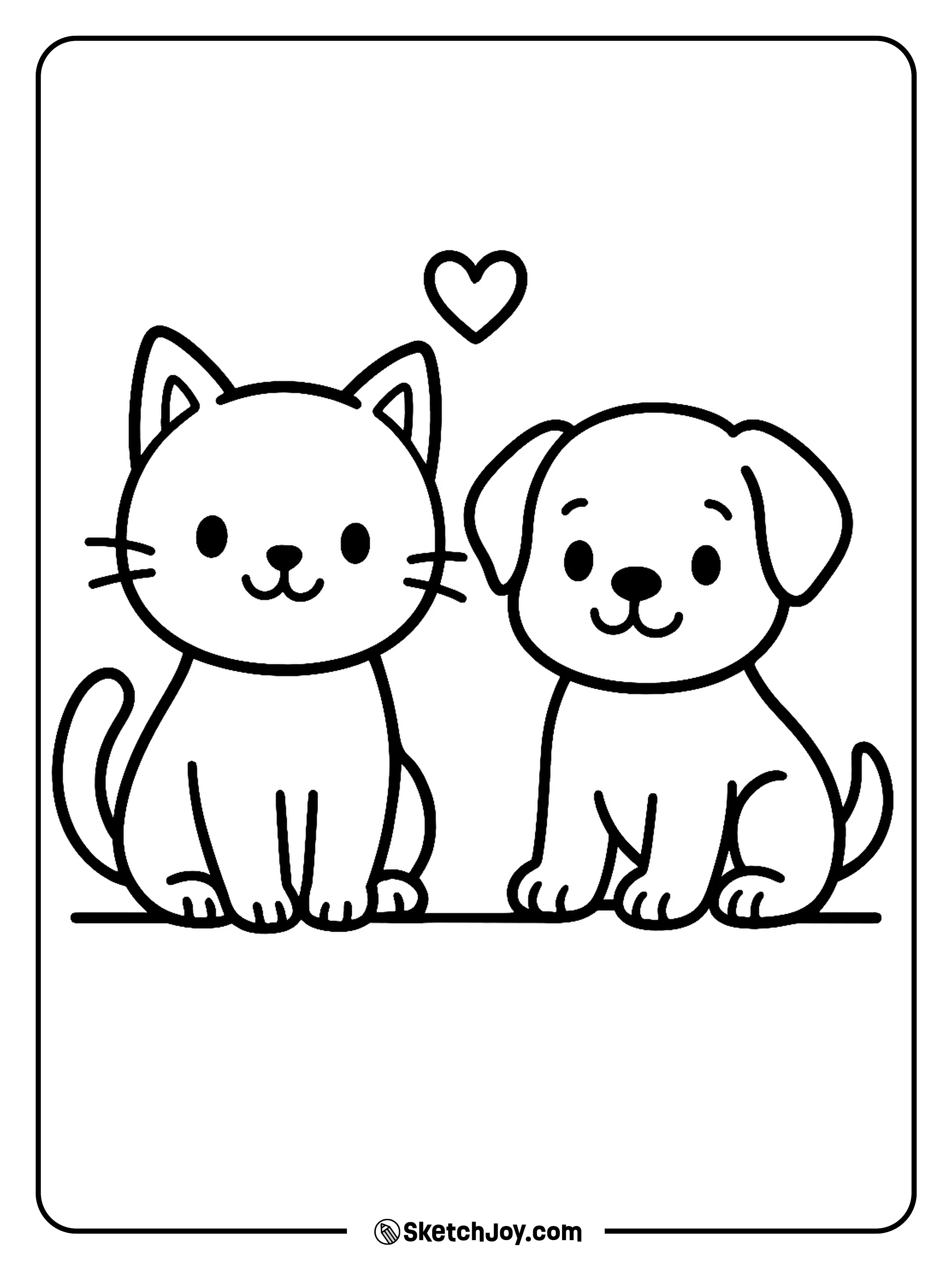 A friendly cat sits next to a small puppy, both smiling.