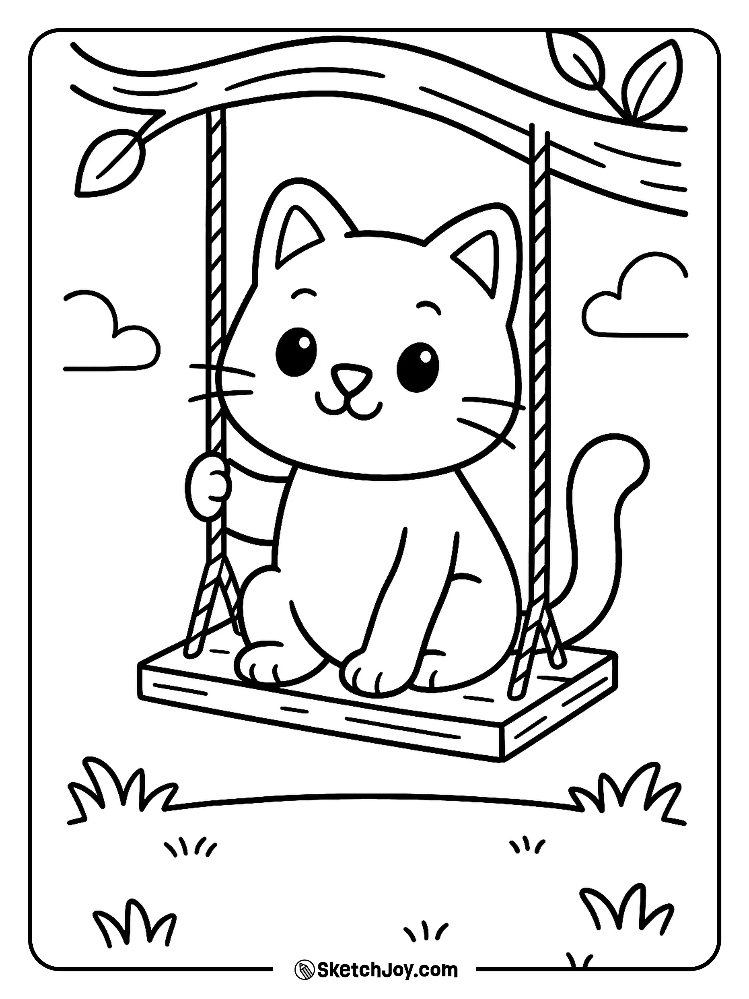 A happy cat sits on a simple swing hanging from a tree branch.