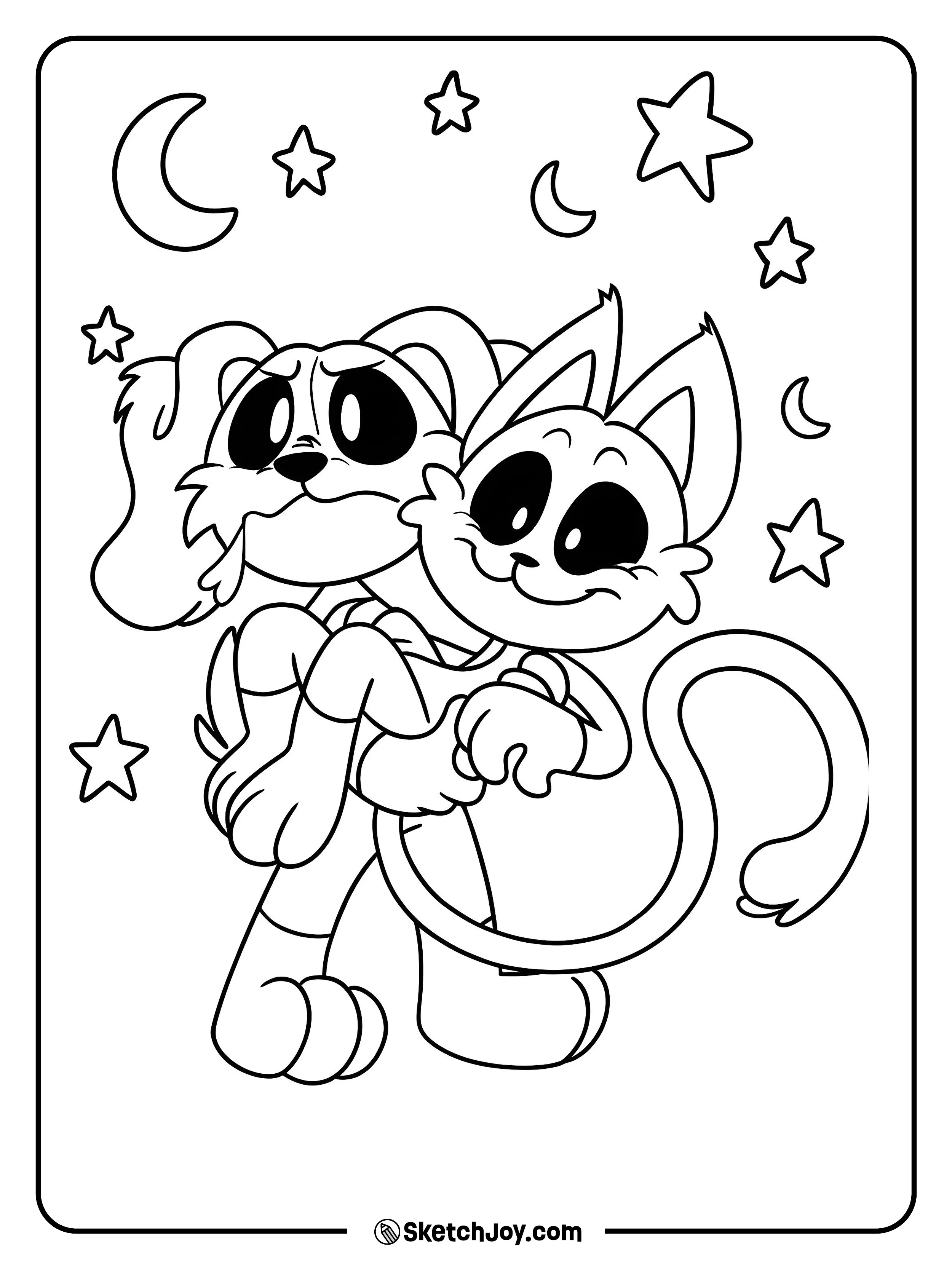 Toy CatNap happily lifts DogDay in his arms while moons and stars shine around them.