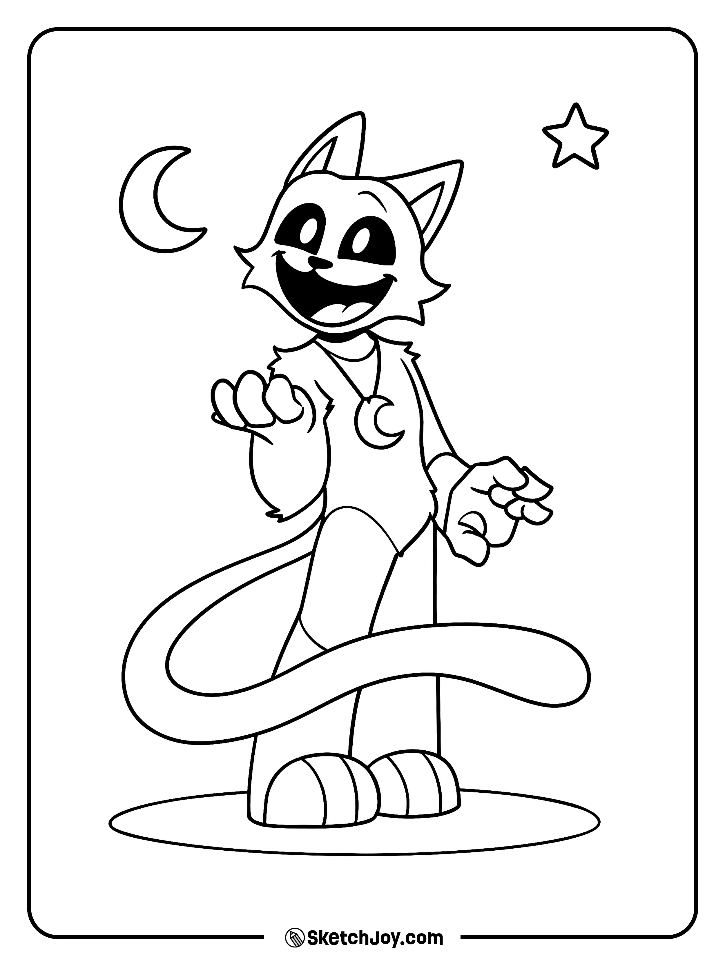 Toy CatNap smiles and reaches out while a crescent moon and a single star glow beside him.