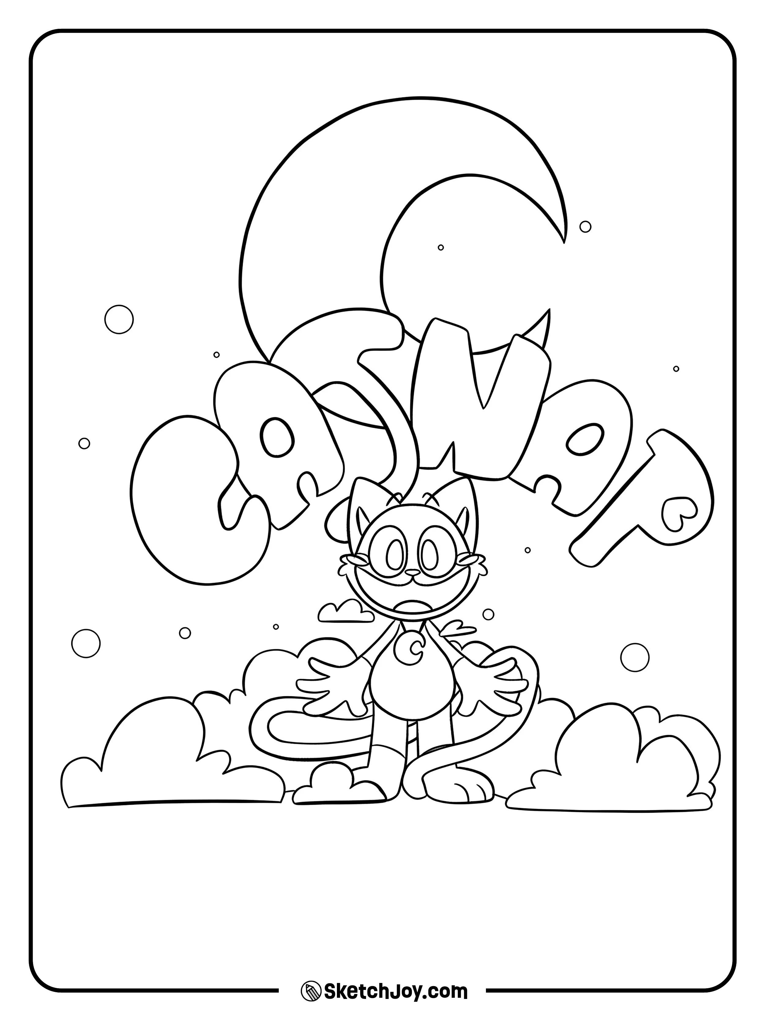 Toy CatNap stands on soft clouds with his name written in big letters above him.