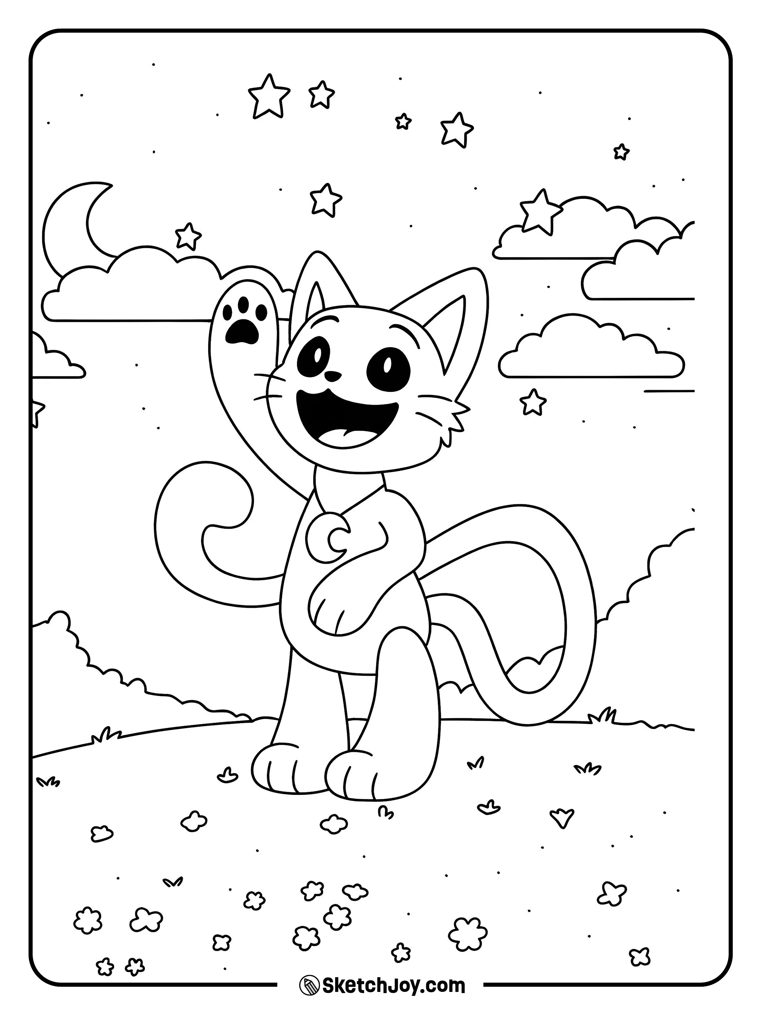 Toy CatNap waves on a small hill at night with stars, clouds, and flowers around him.