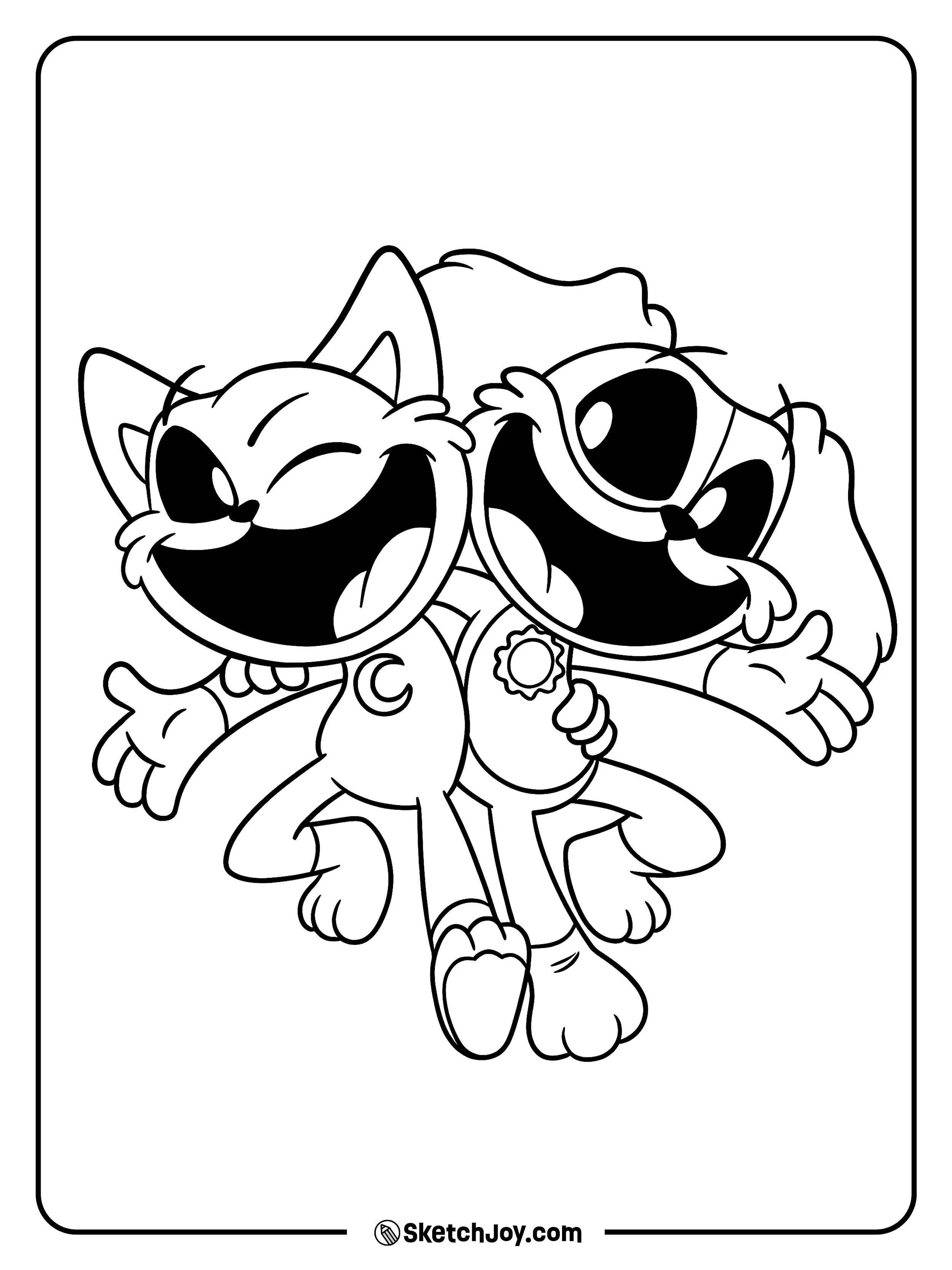 Toy CatNap and DogDay hug each other with huge smiles and open arms.