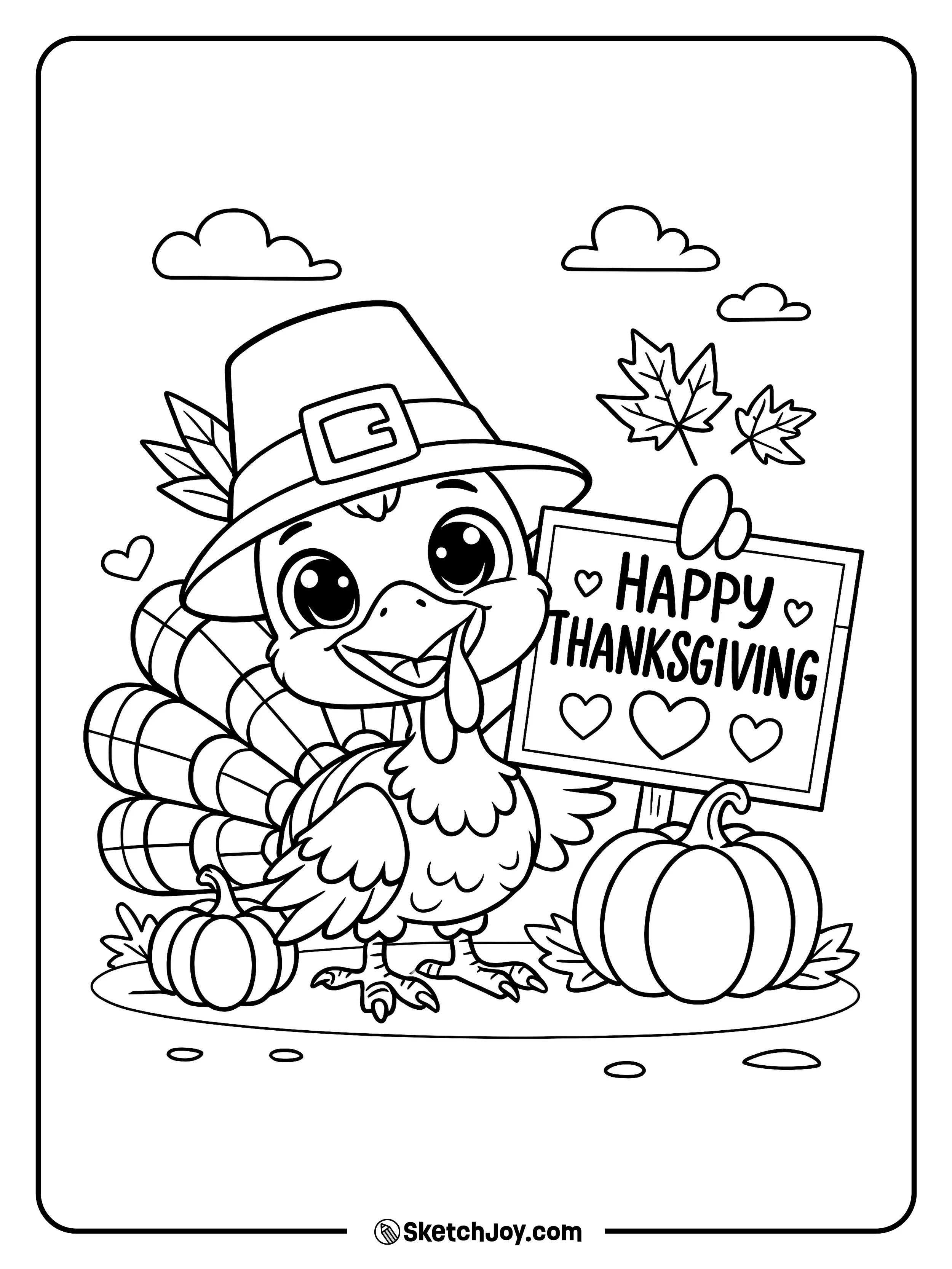 A smiling turkey in a small hat holds a sign beside pumpkins and leaves.