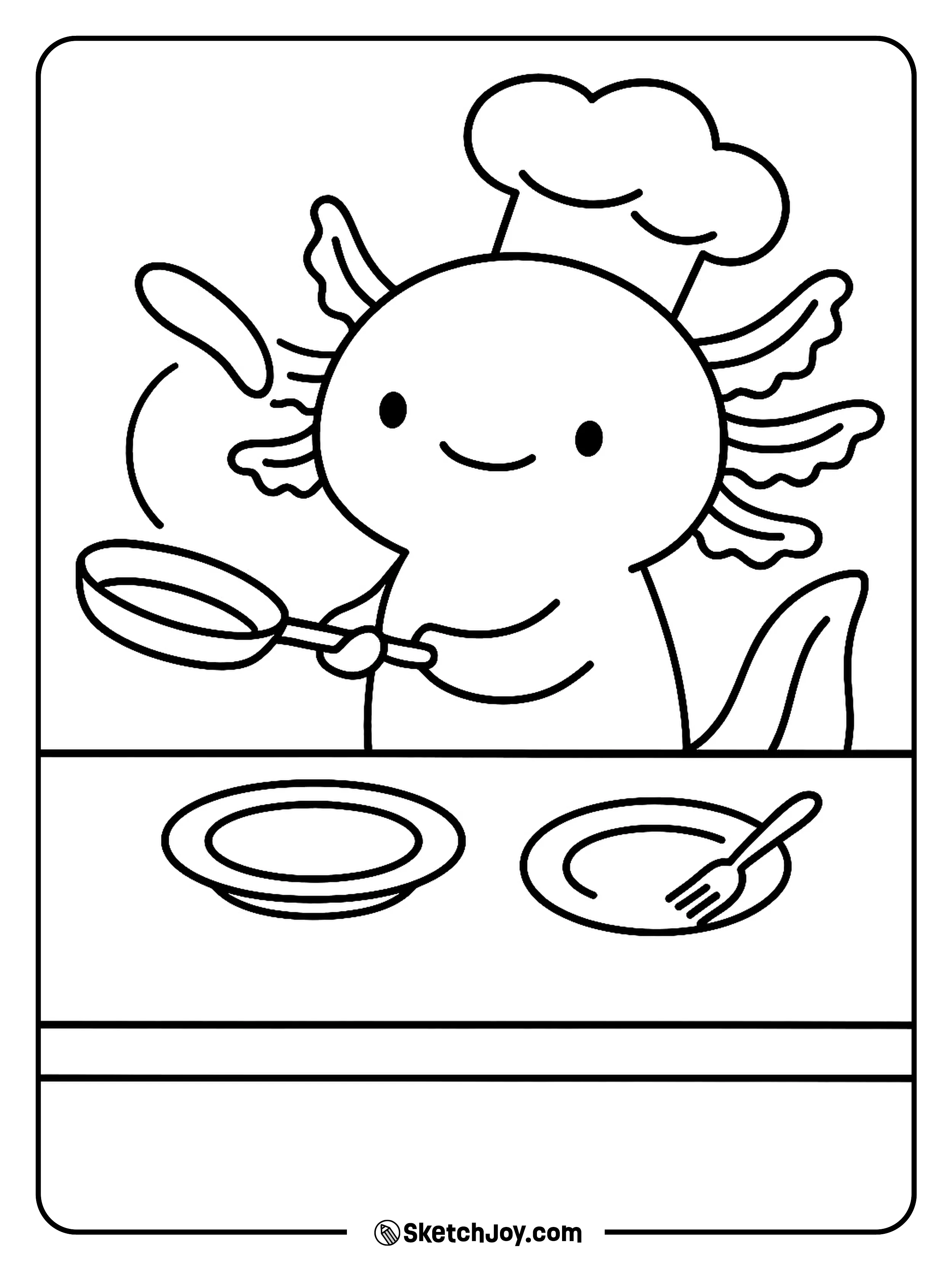 A small chef axolotl flips a tiny pancake in a pan.