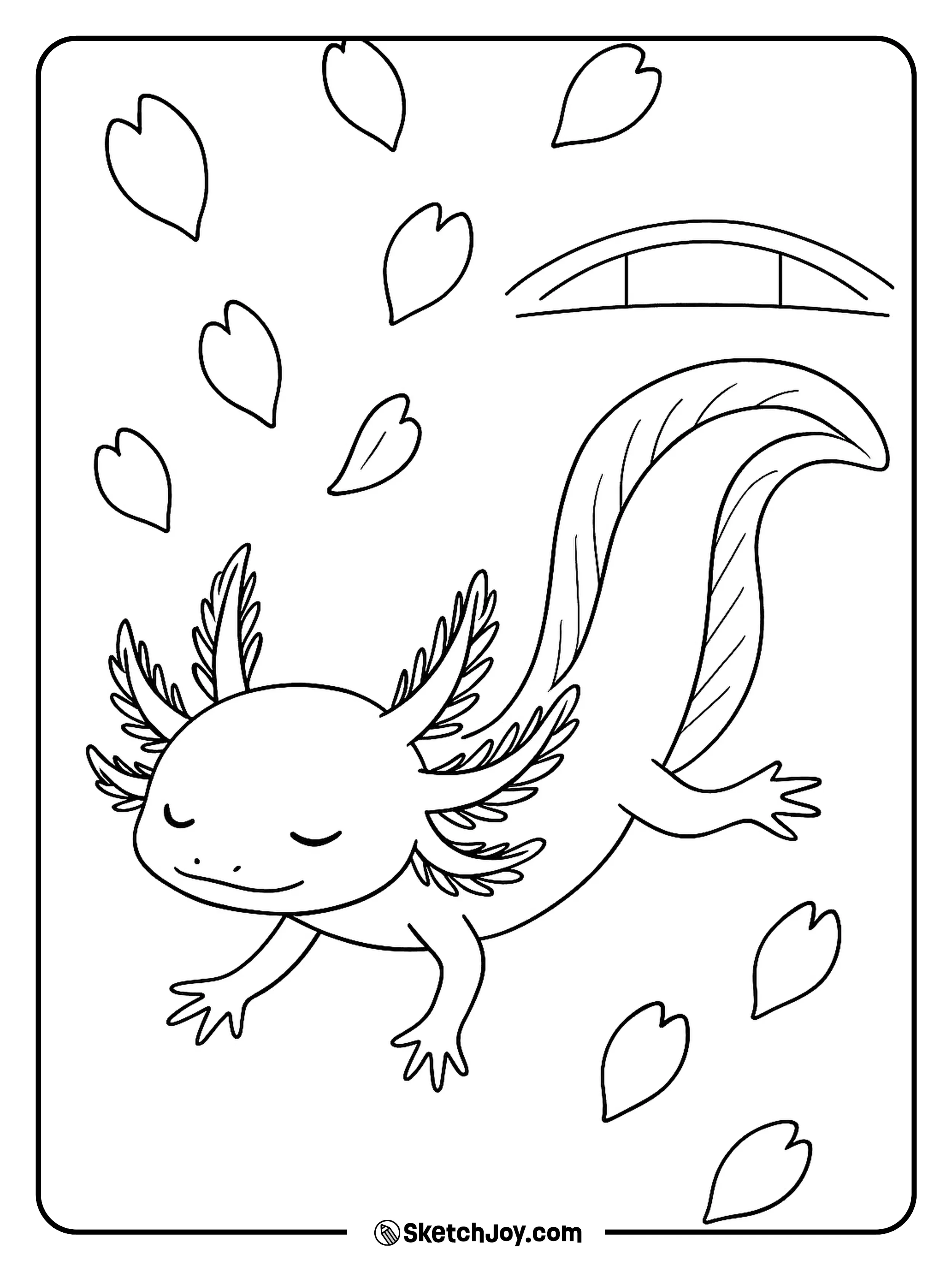 An axolotl glides as petals fall near a simple bridge.