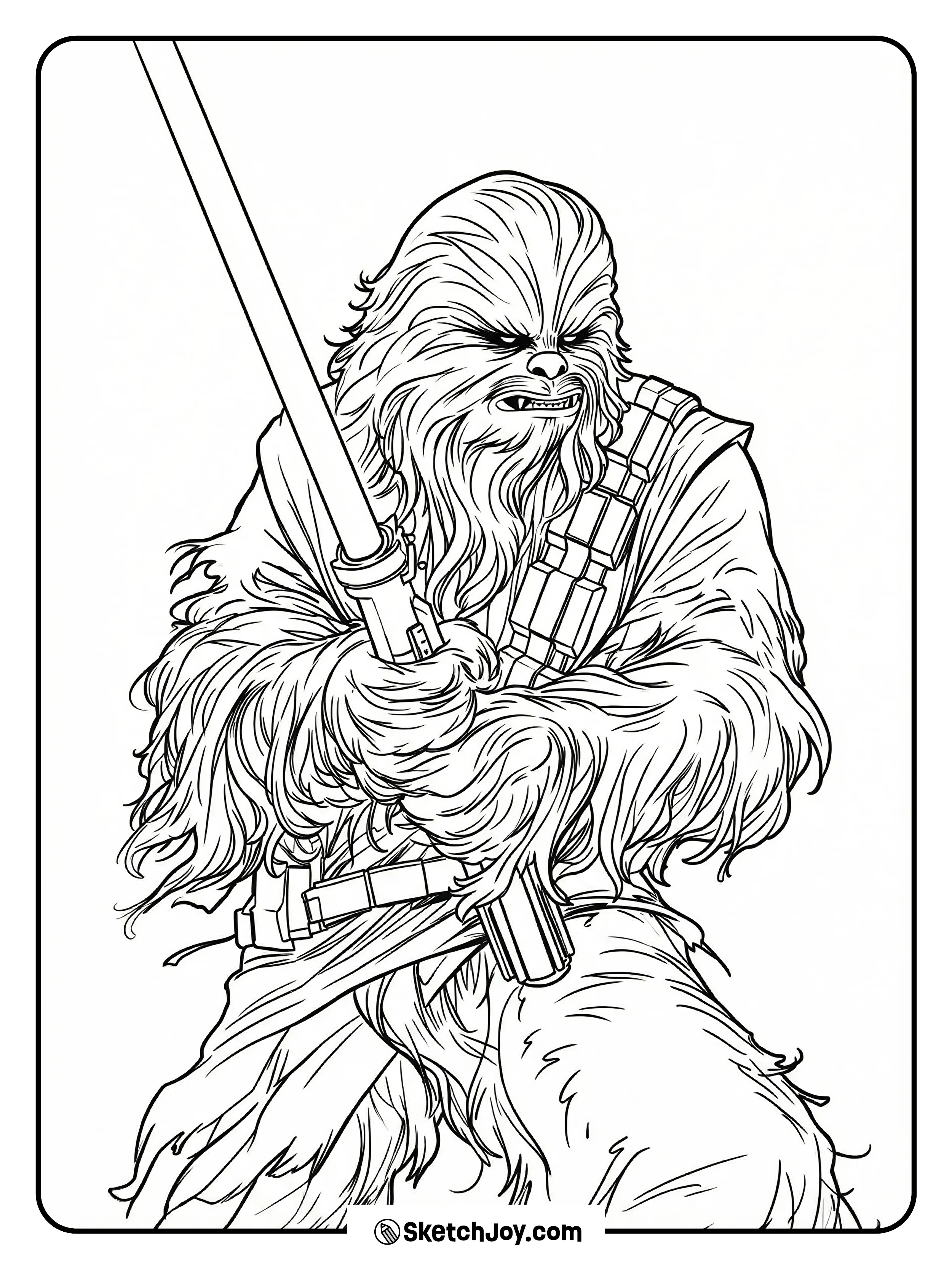 Chewbacca roars and grips his weapon, hair lines bold and wild.