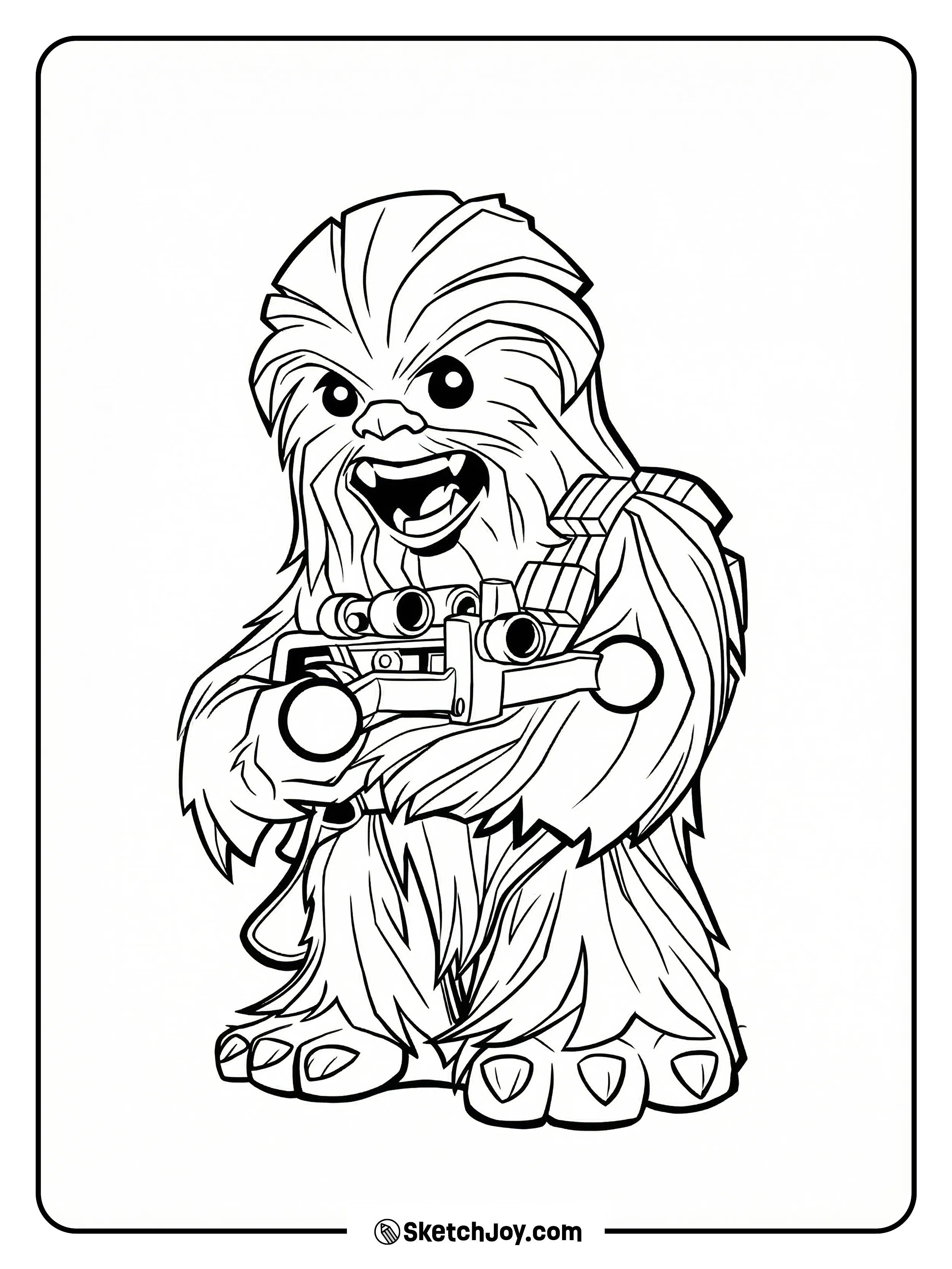 Cute Chewie smiles and holds his bowcaster.