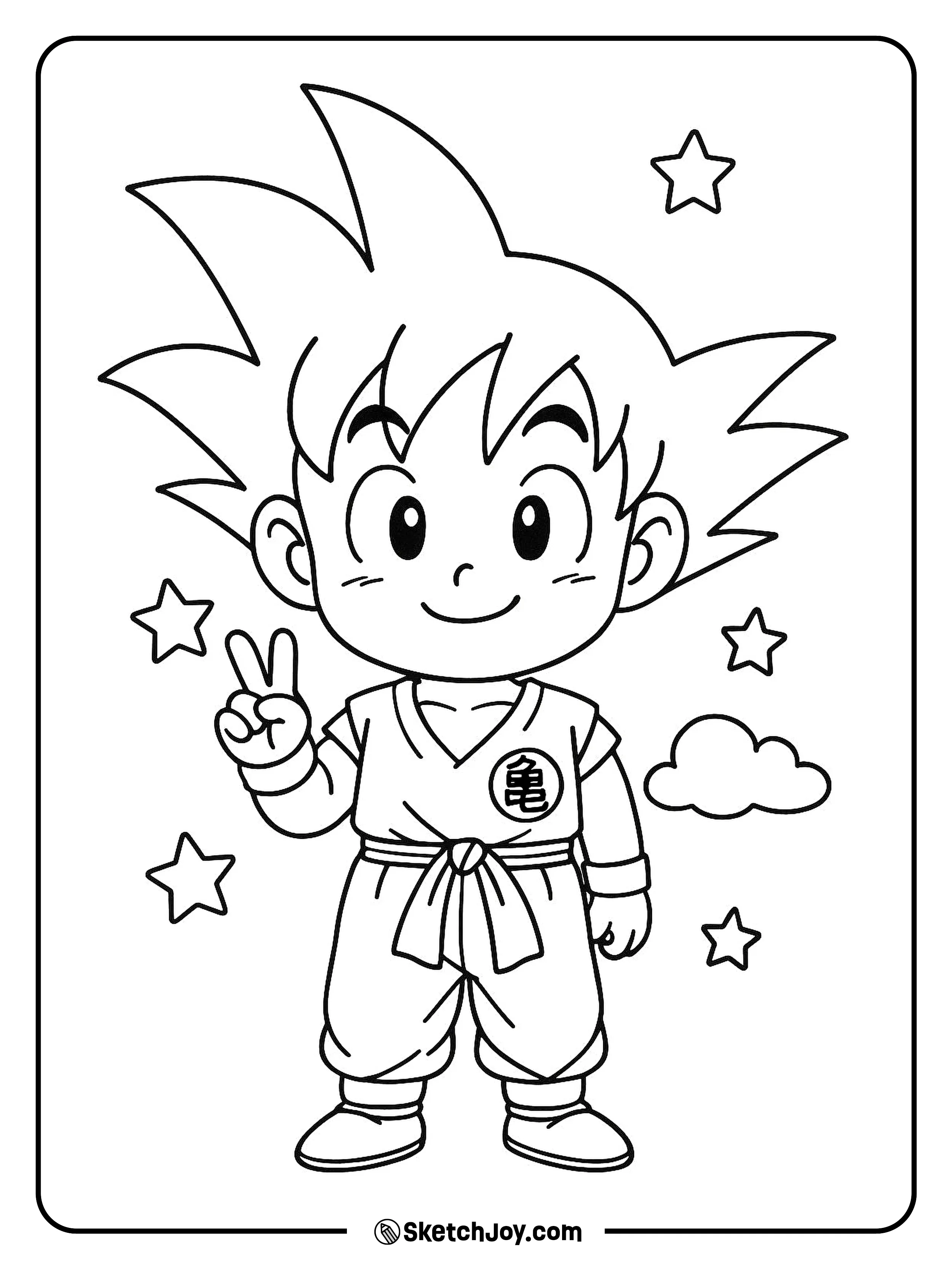 Chibi Goku smiles wide with cute short limbs and big hair.