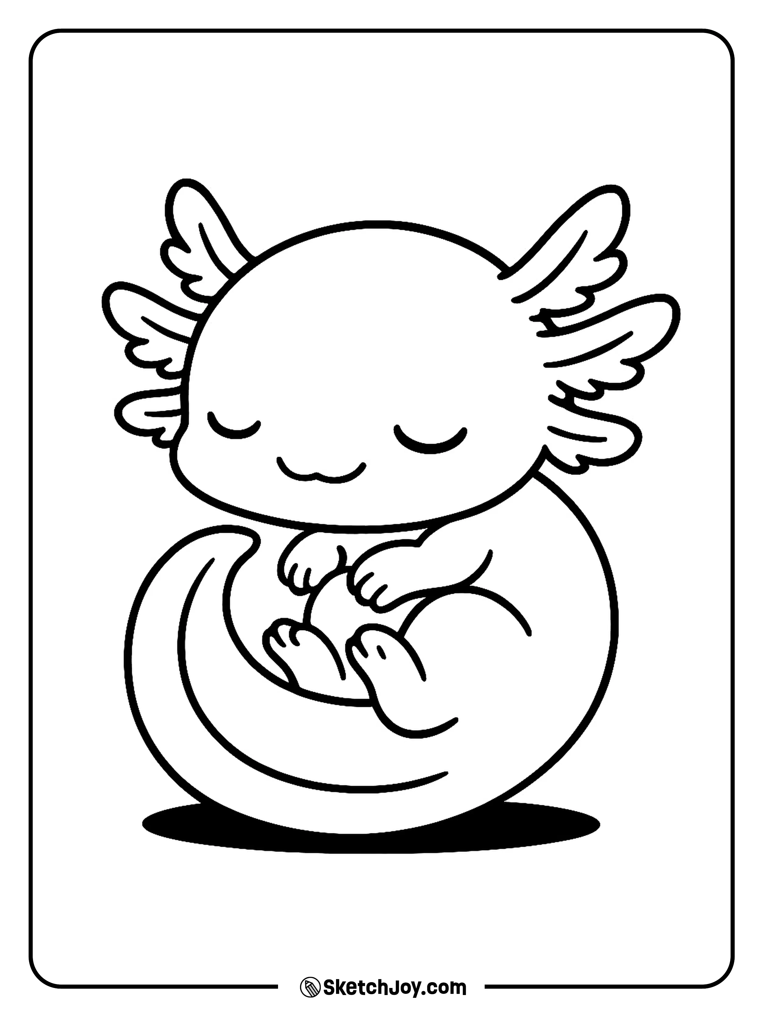 A tiny chibi axolotl curls up for a nap, very plain scene.