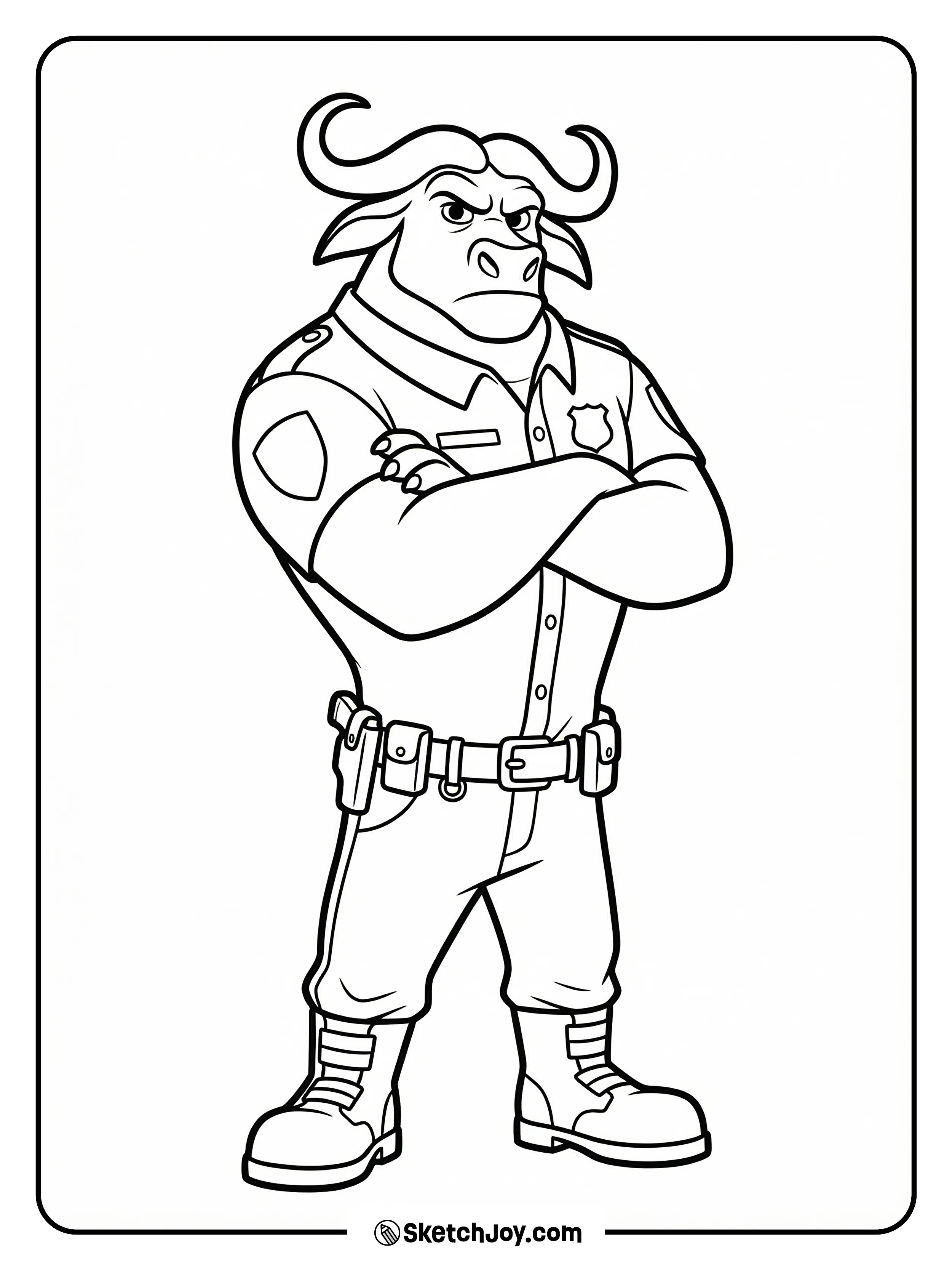 Chief Bogo stands with arms crossed and a serious face, but soft eyes.