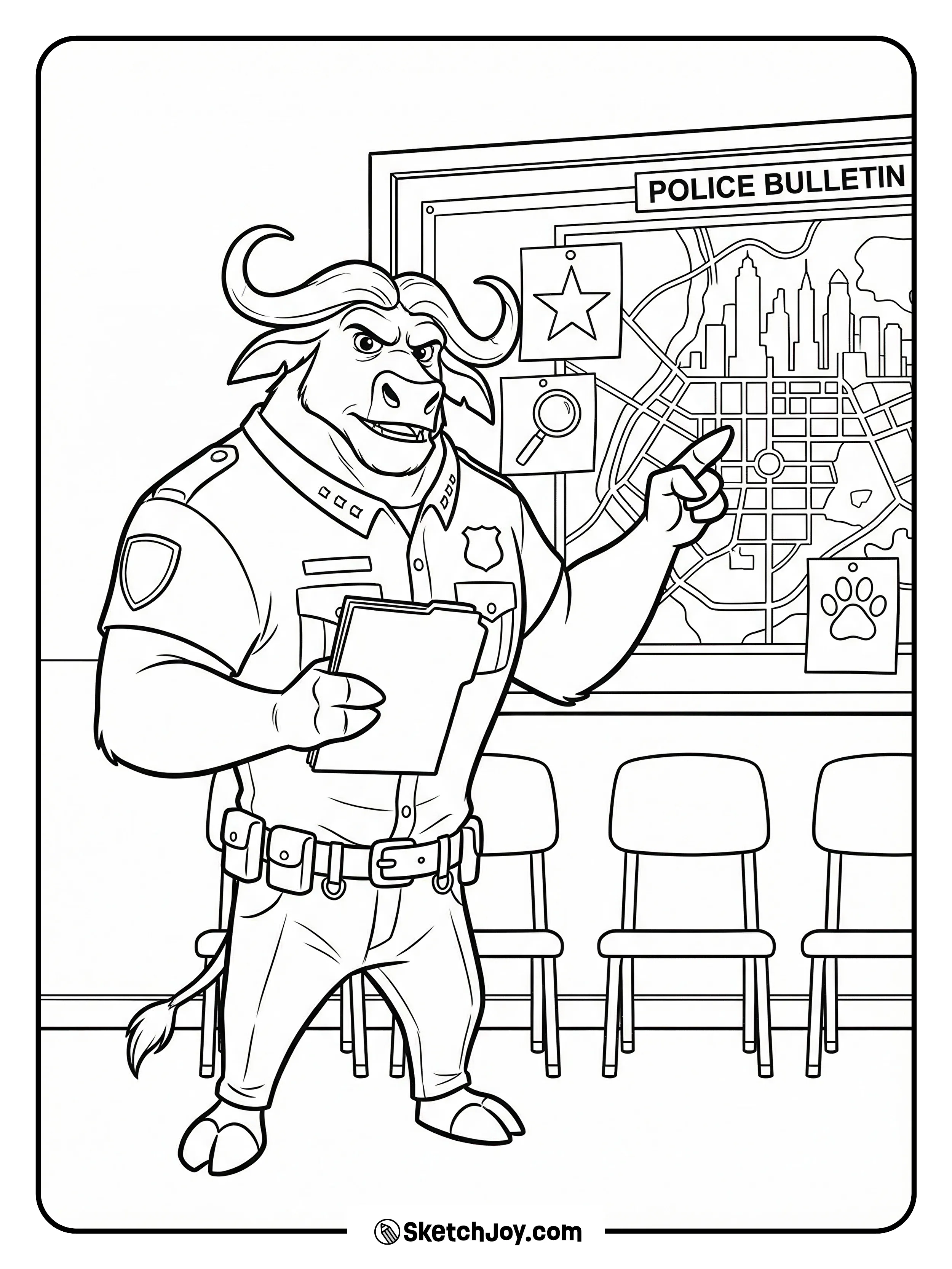 Chief Bogo stands in front of a board, pointing at a simple map as he gives orders.