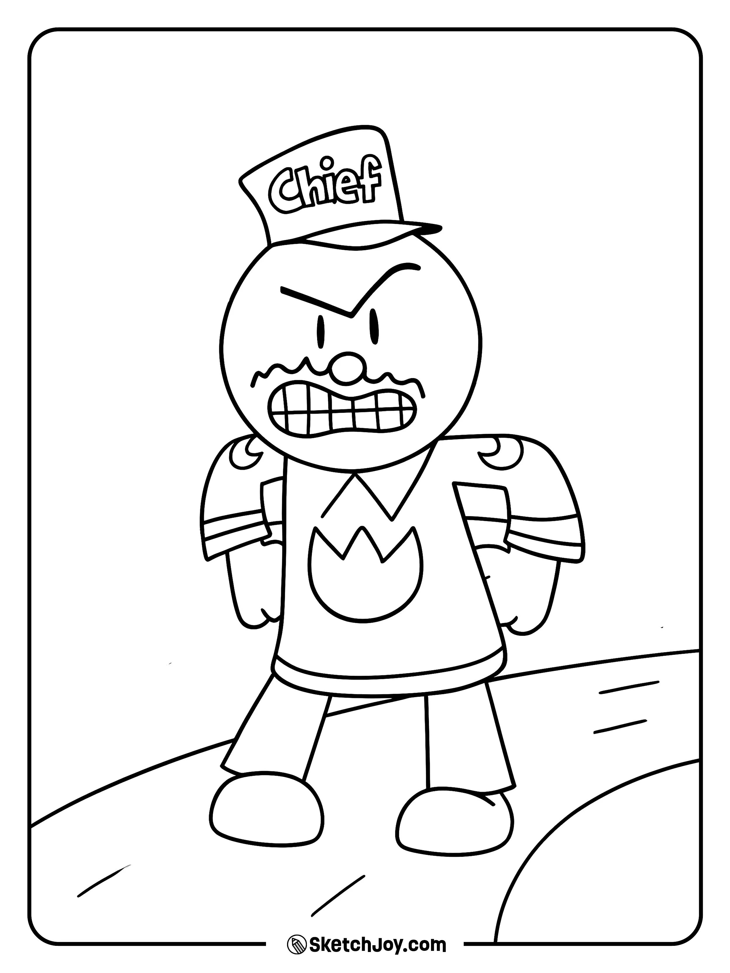 Chief plants his feet and frowns with hands on hips.