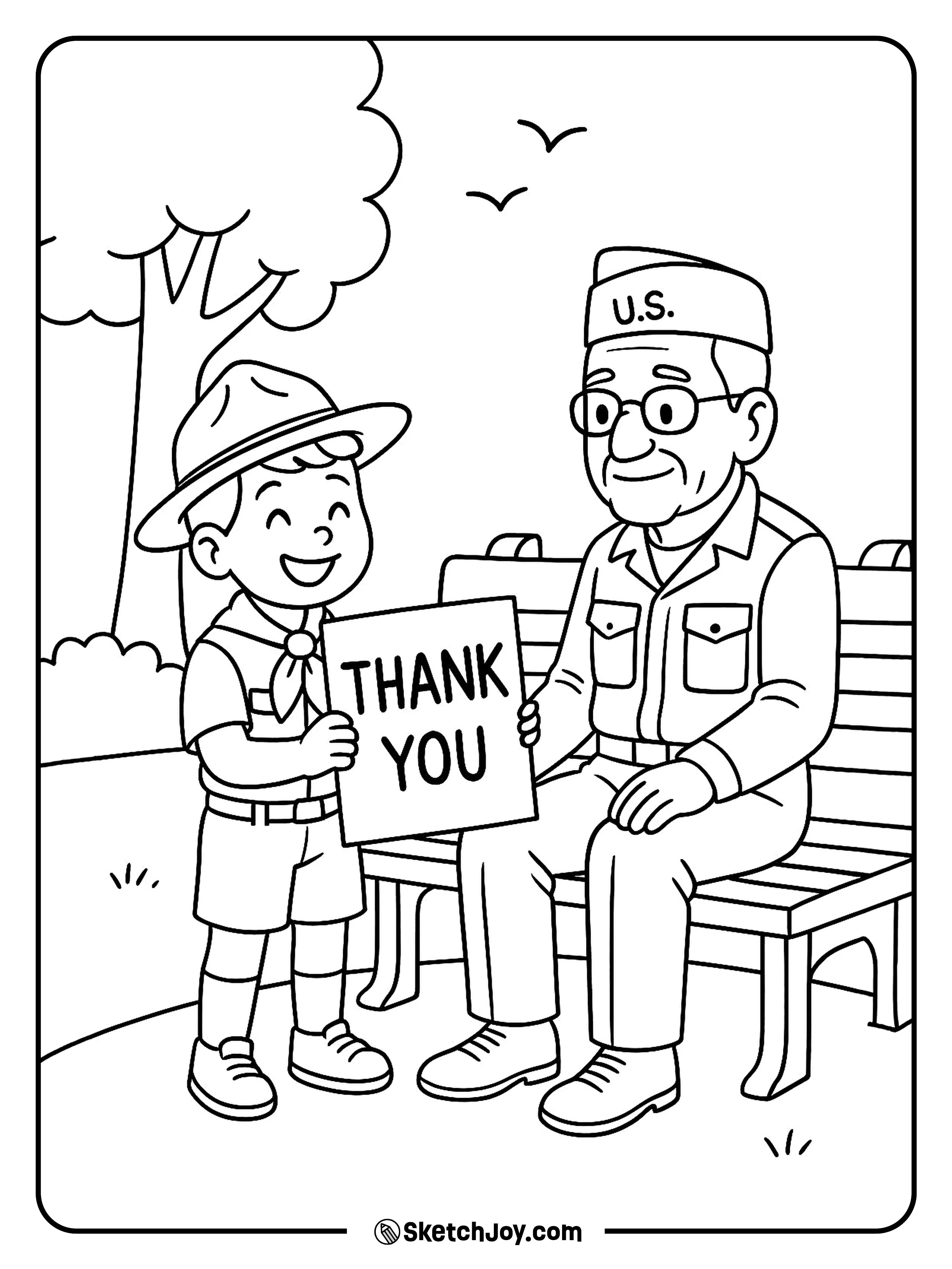 A child gives a thank-you card on a bench.
