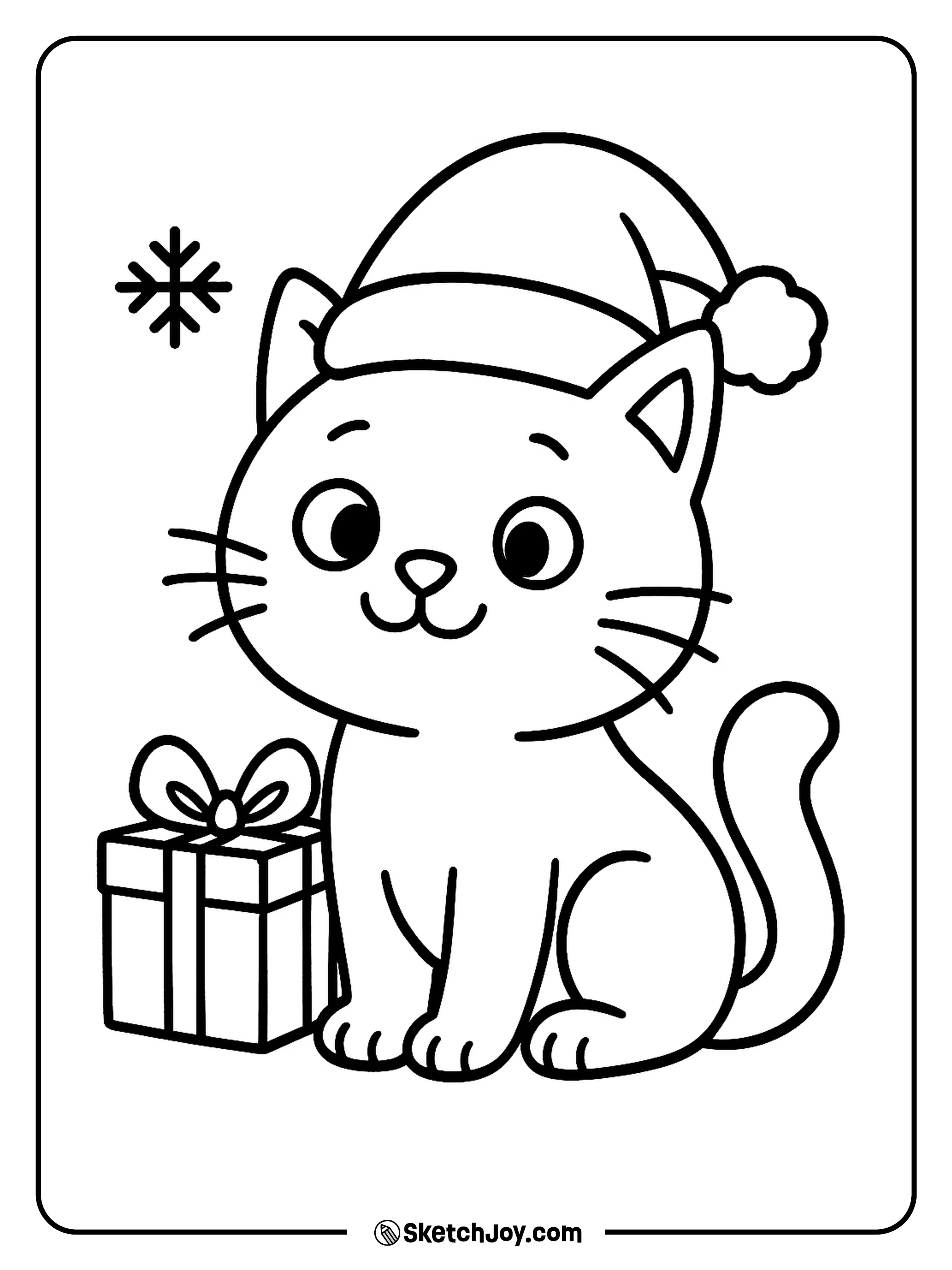 A smiling cat wears a Santa hat and sits by a wrapped gift.