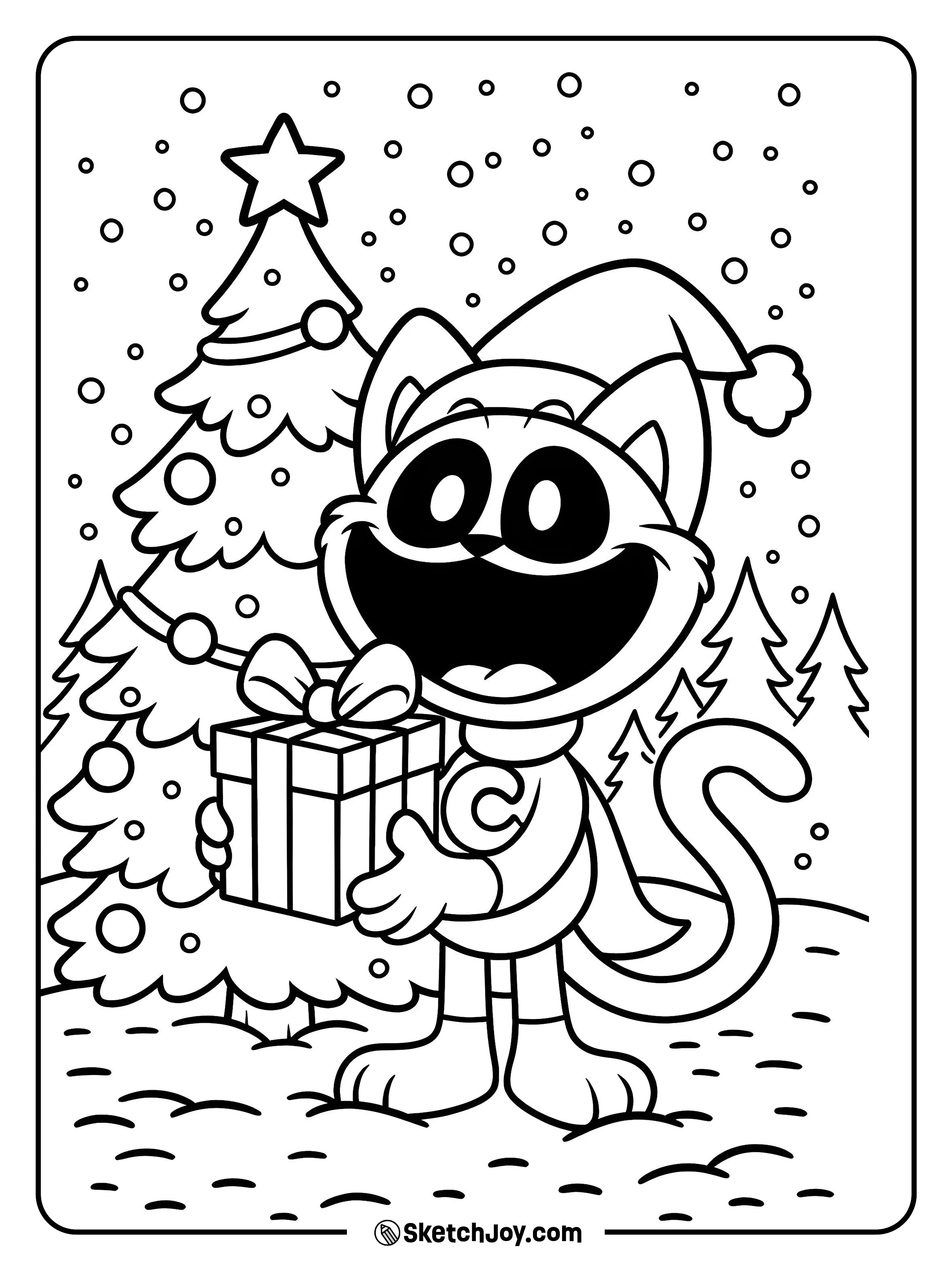 Toy CatNap stands in the snow with a Christmas tree and holds a big wrapped gift.