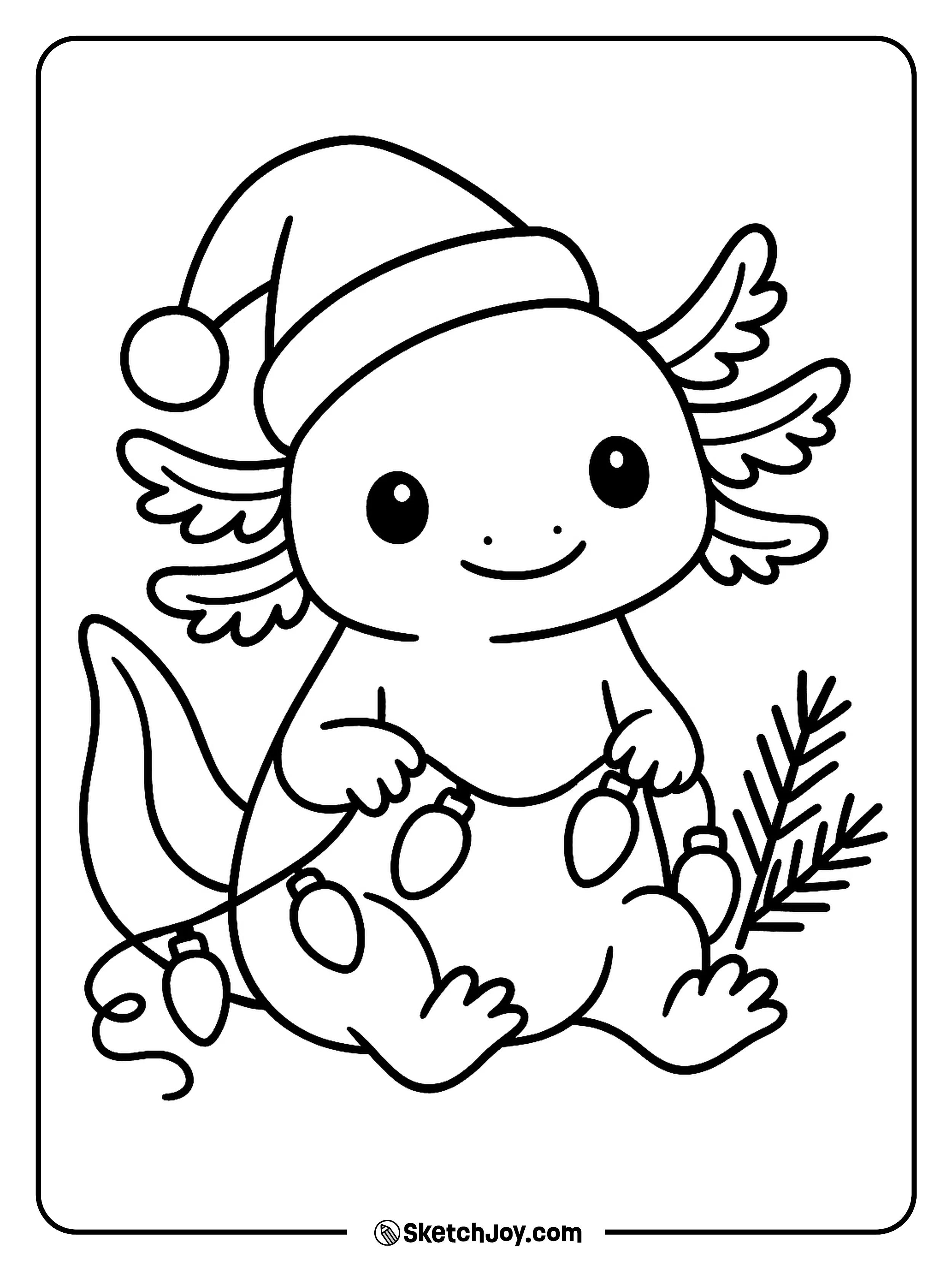 A playful axolotl wears a Santa hat and holds a light string.