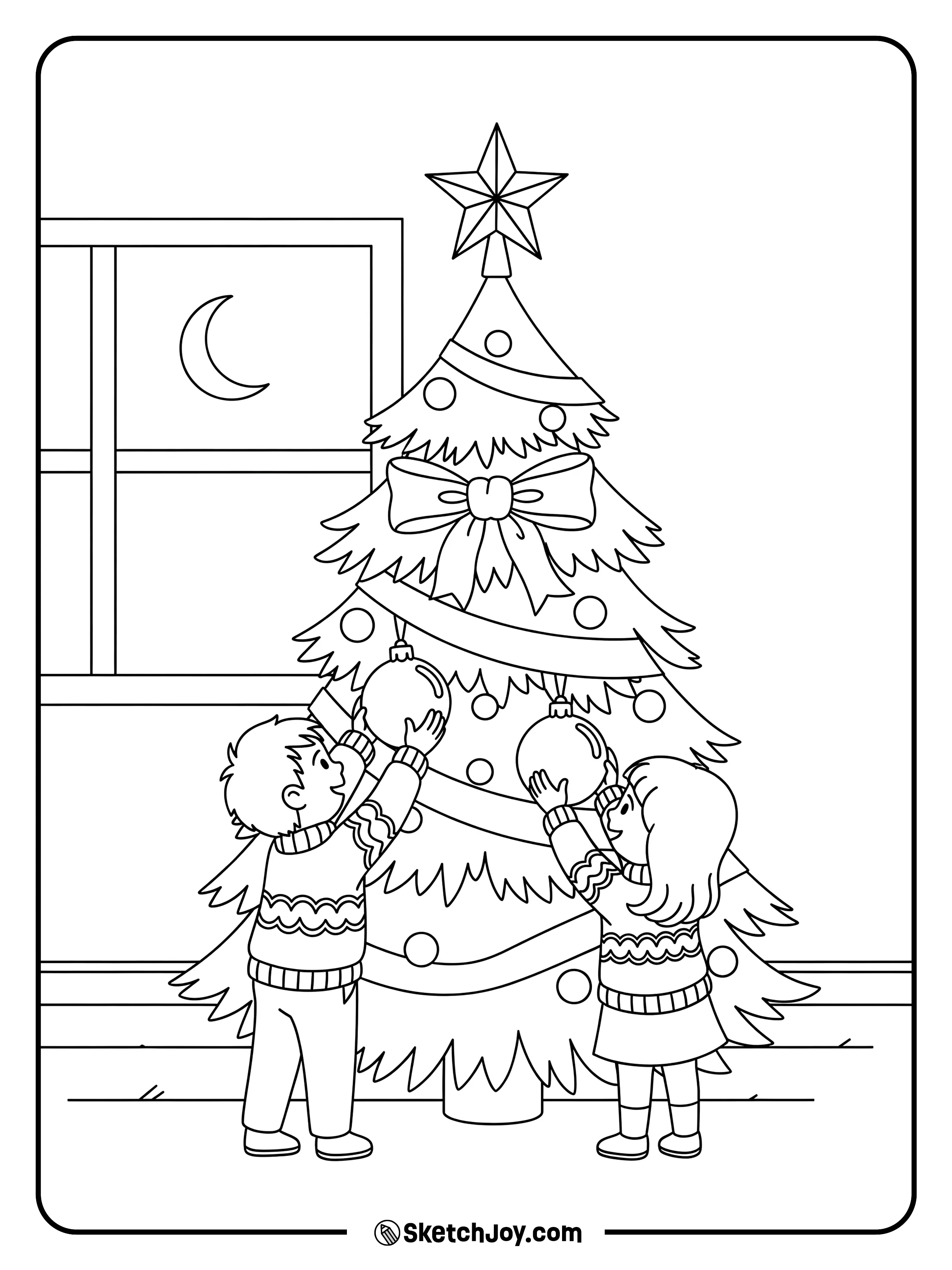 Two kids hang big ornaments on a tall tree.