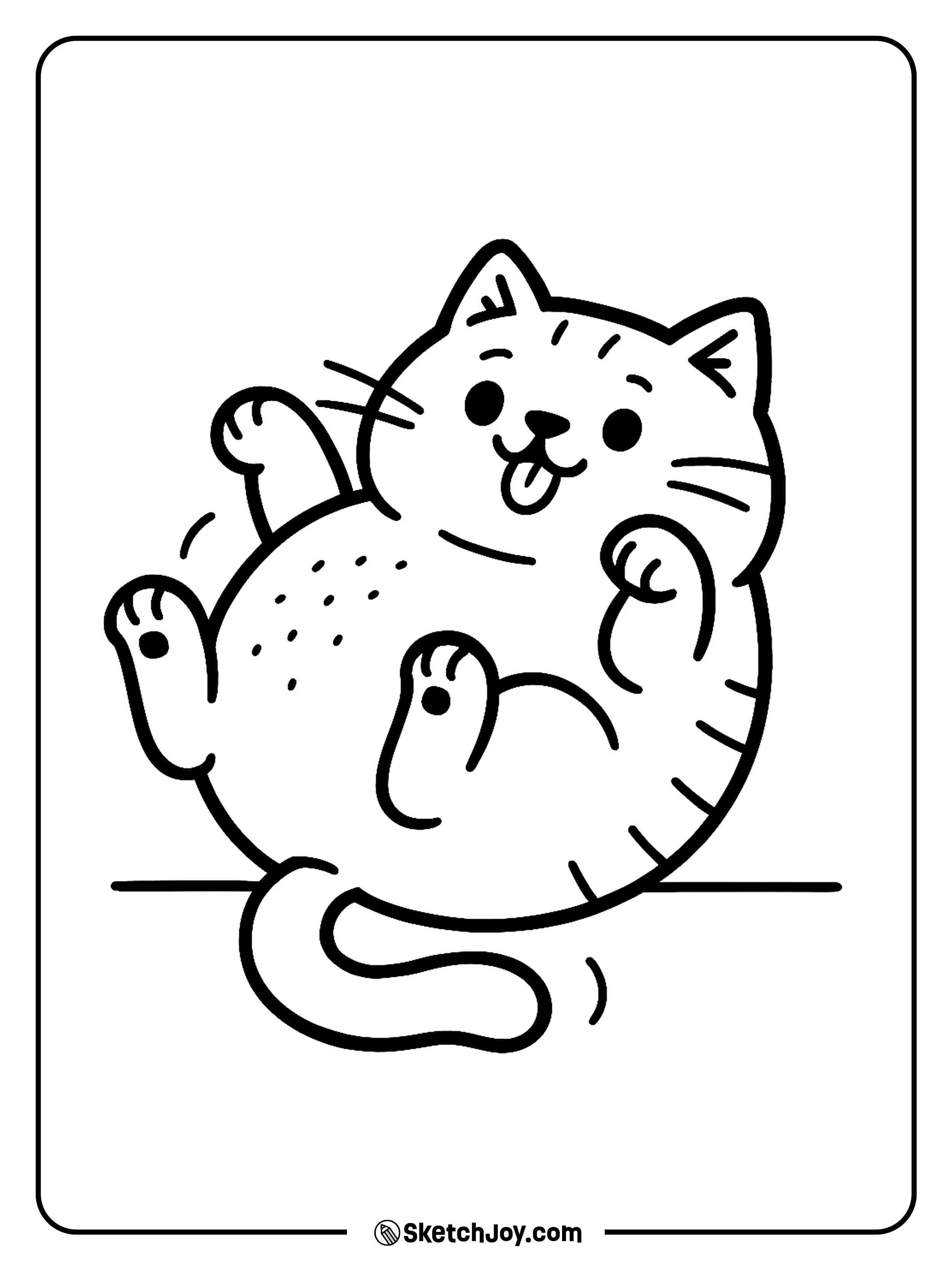 A round cat lies on its back with paws up and a silly face.