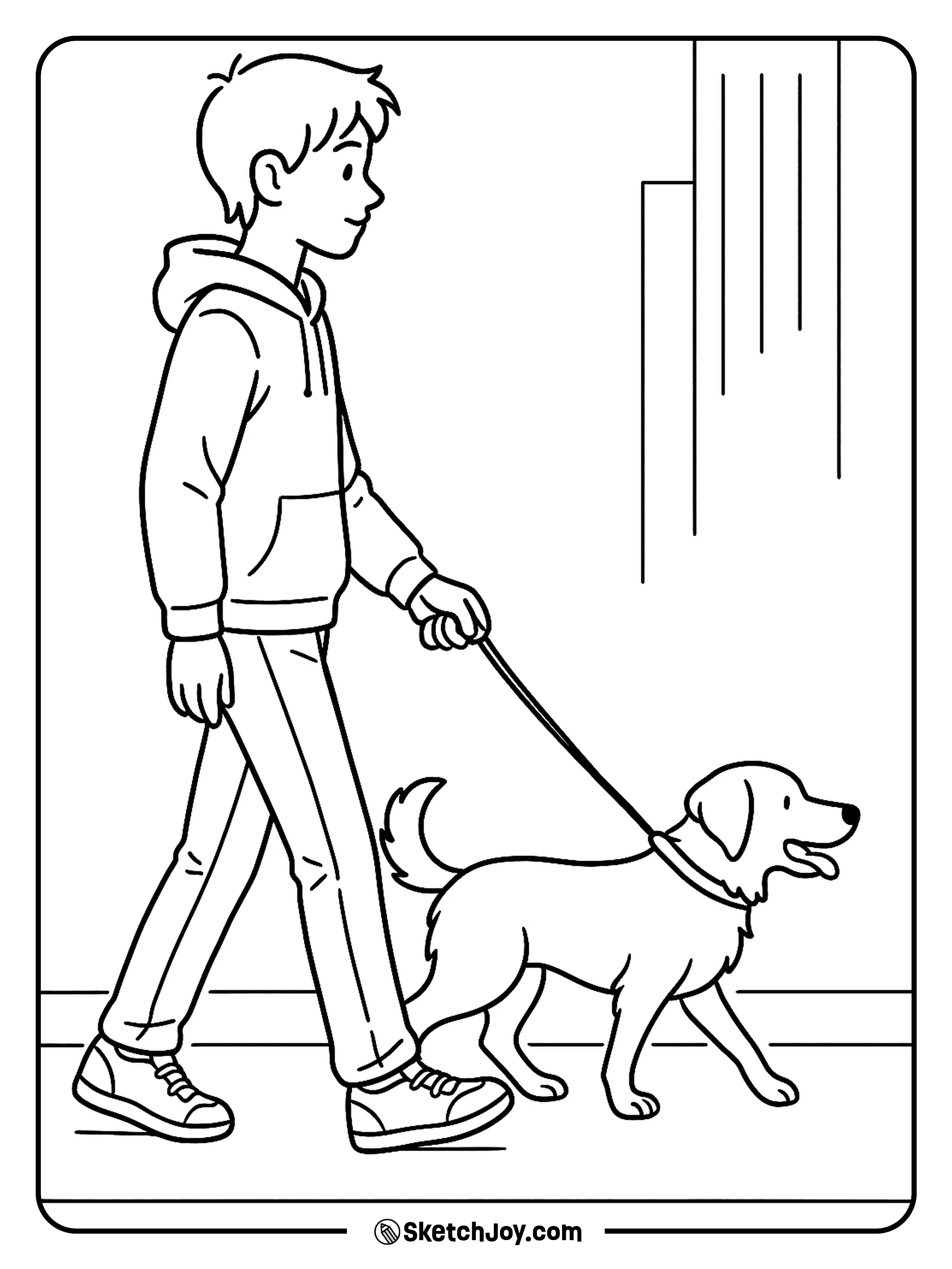 A teen walks with a dog along a calm city sidewalk.