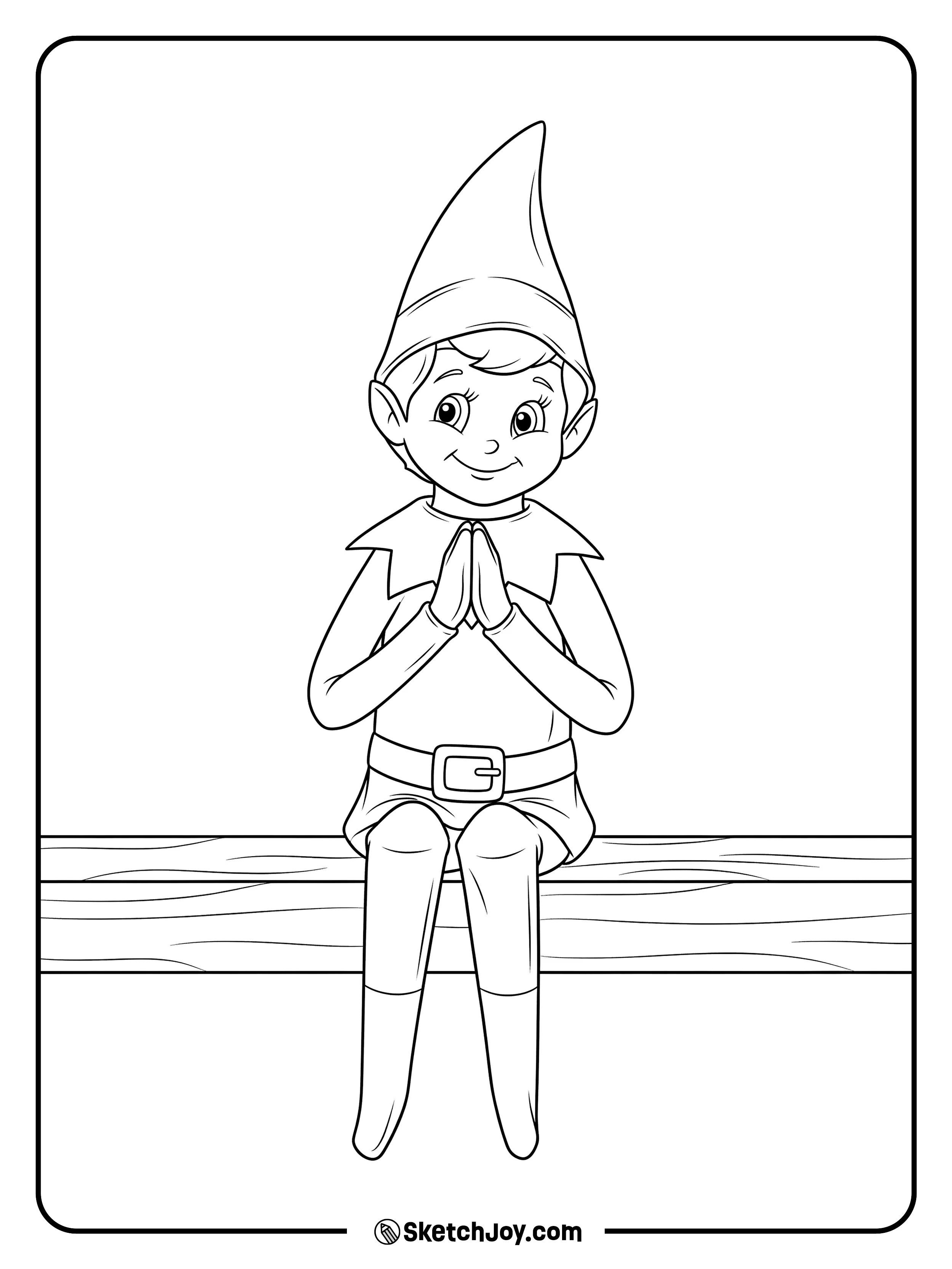 The elf sits with knees tucked and a calm smile.