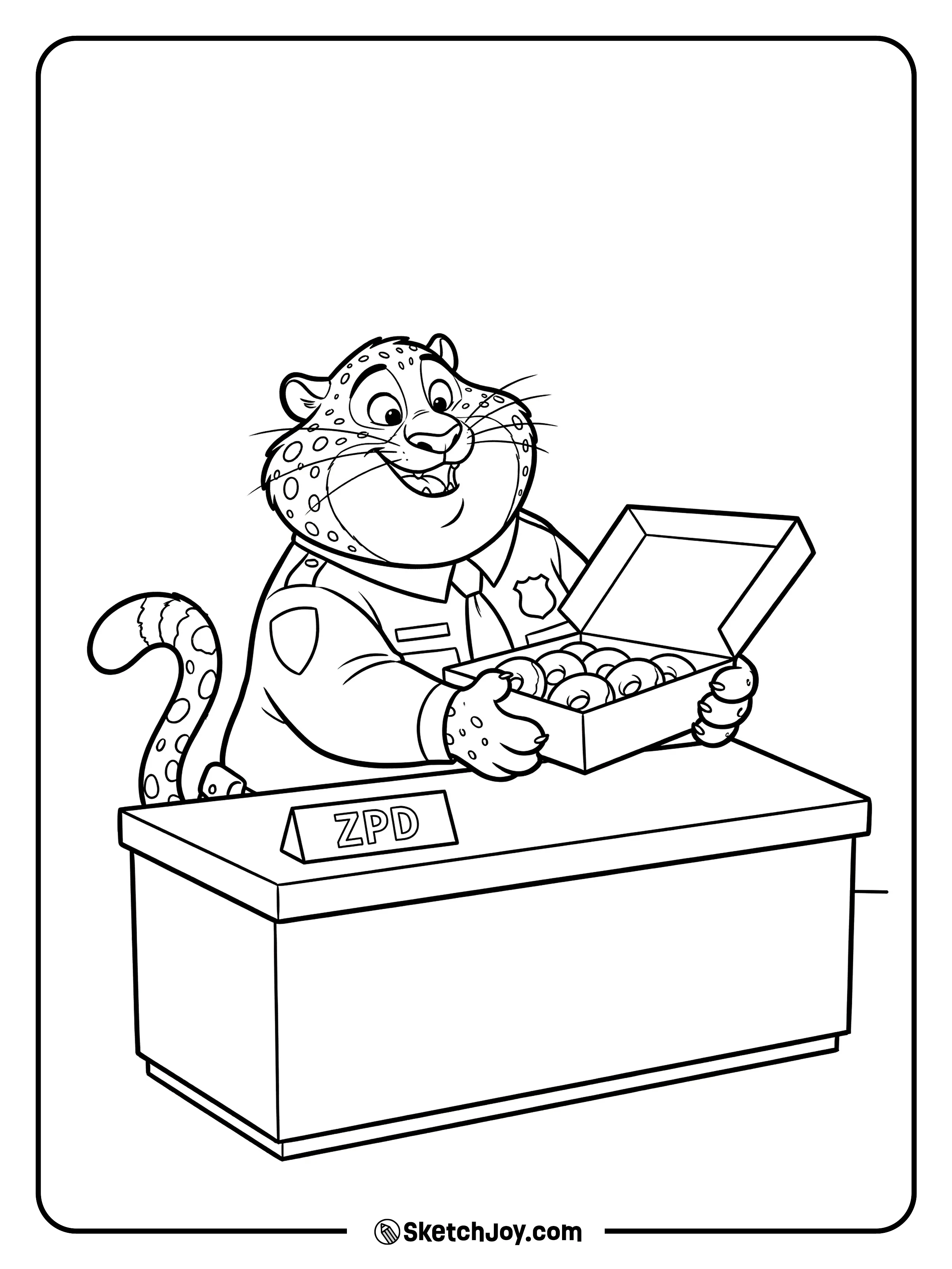 Officer Clawhauser hugs a box of donuts with a happy face at the police desk.