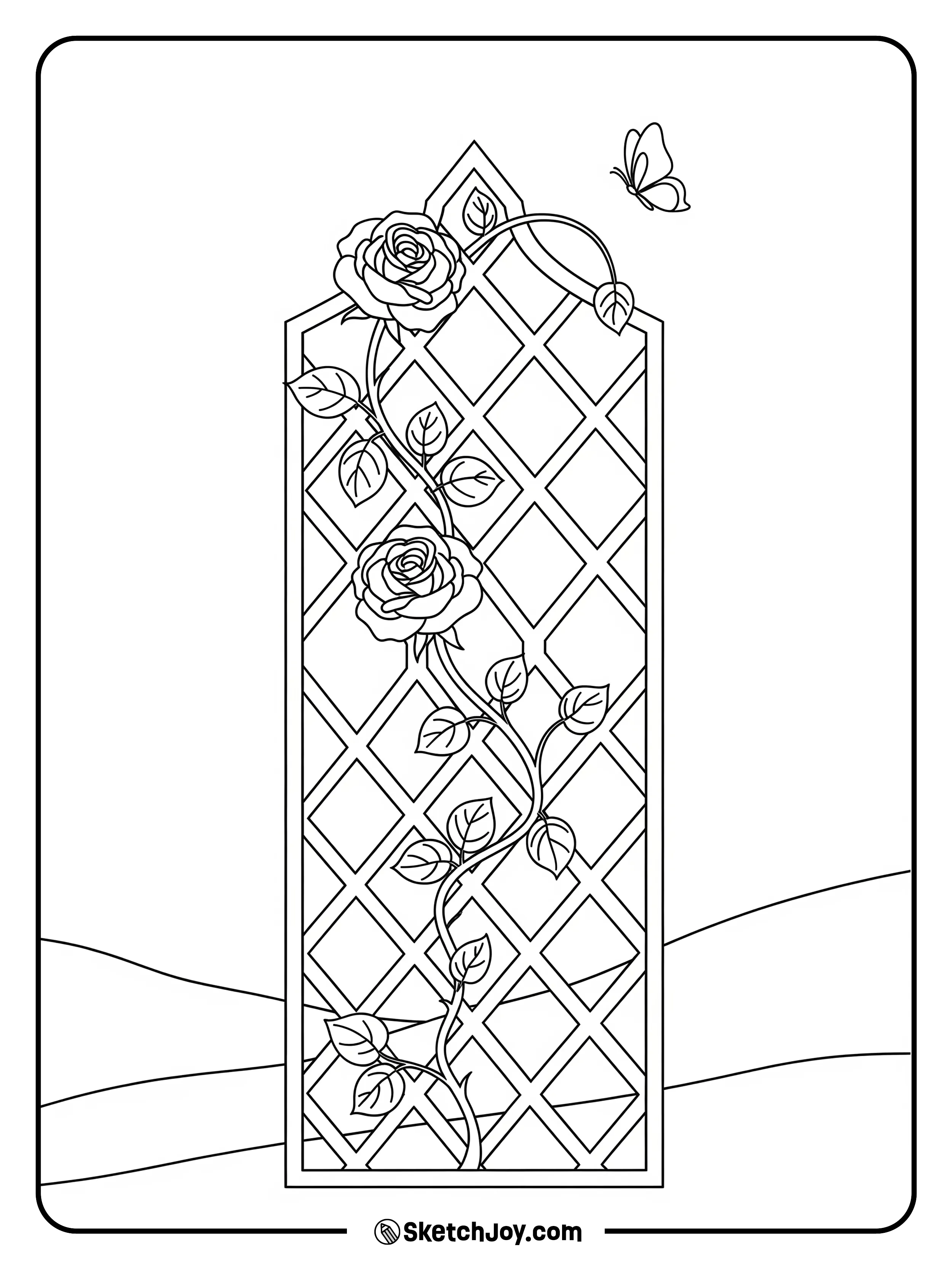 A vine climbs a small garden trellis.