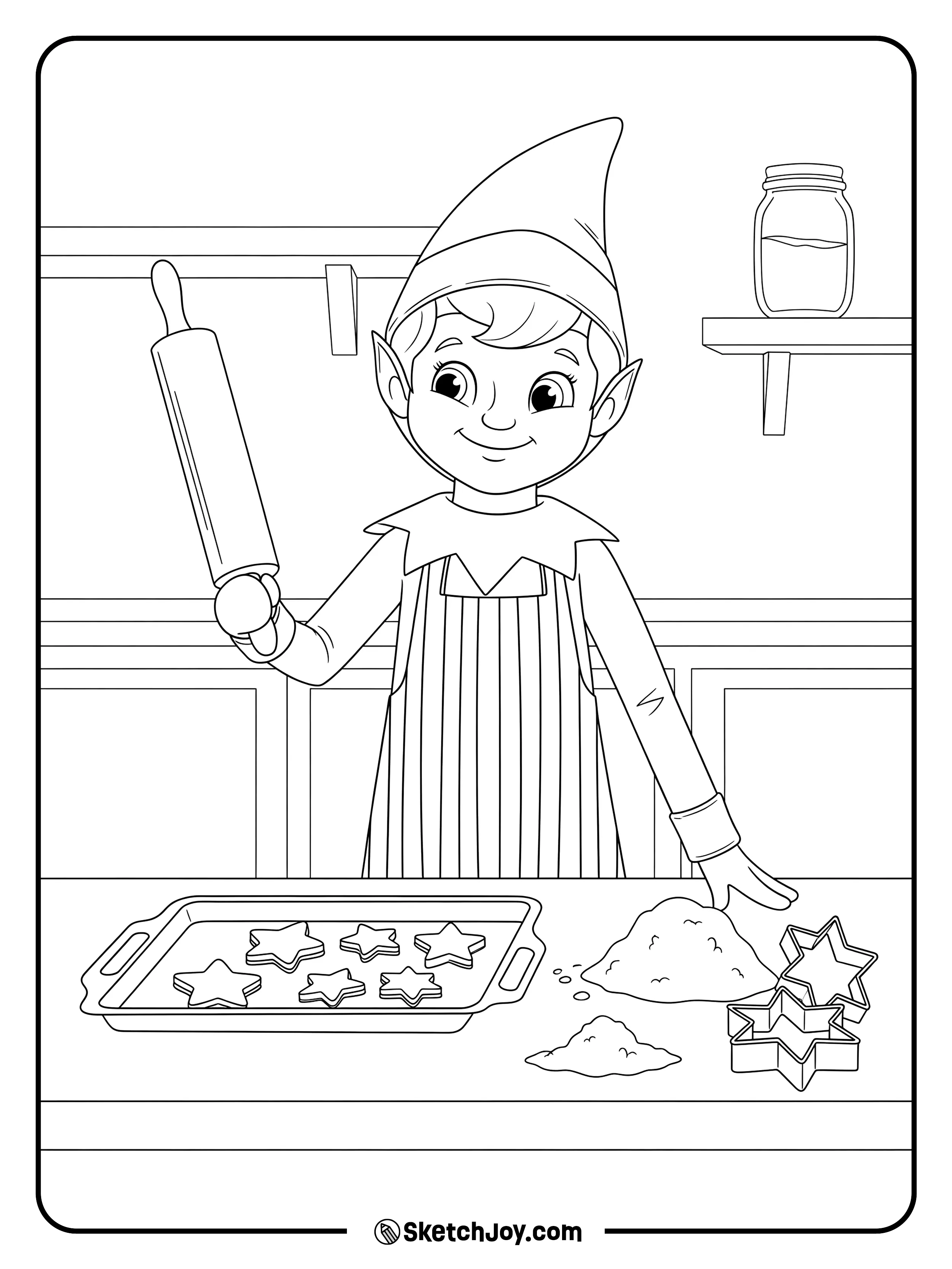 The elf rolls dough and cuts cookie stars.