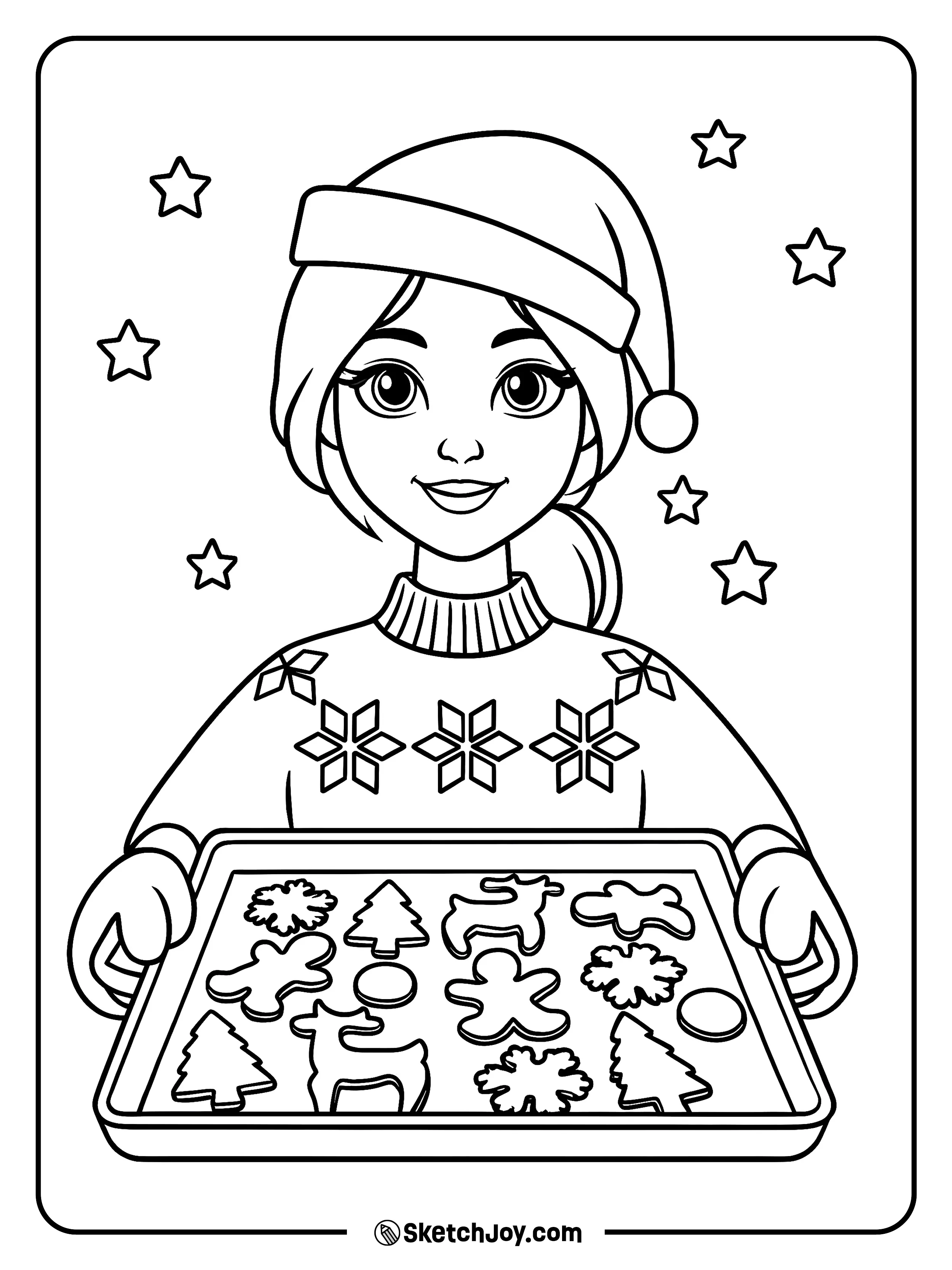 A girl in a winter hat holds a tray of shaped cookies.