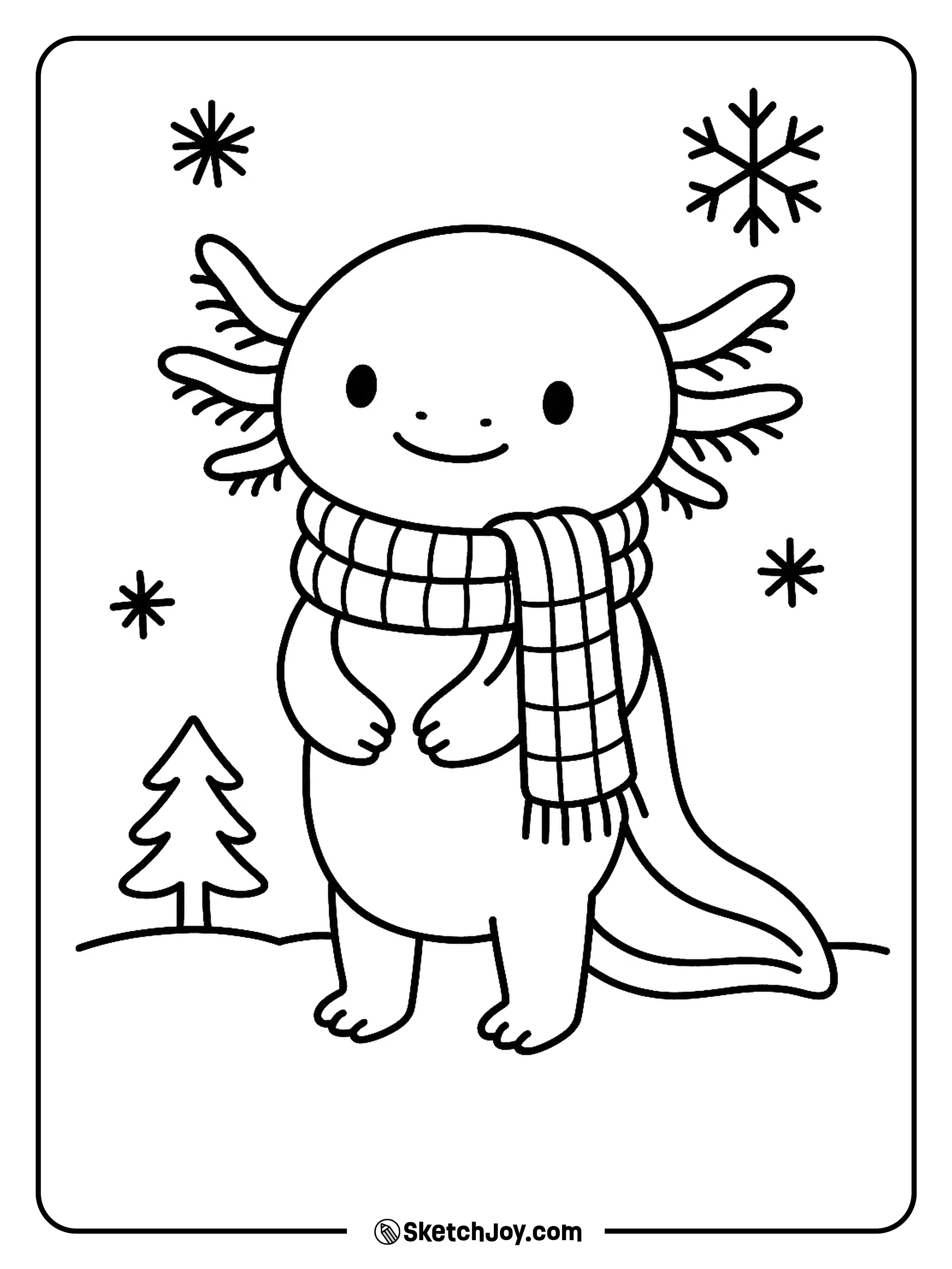 An axolotl in a long scarf stands by a small fir tree.