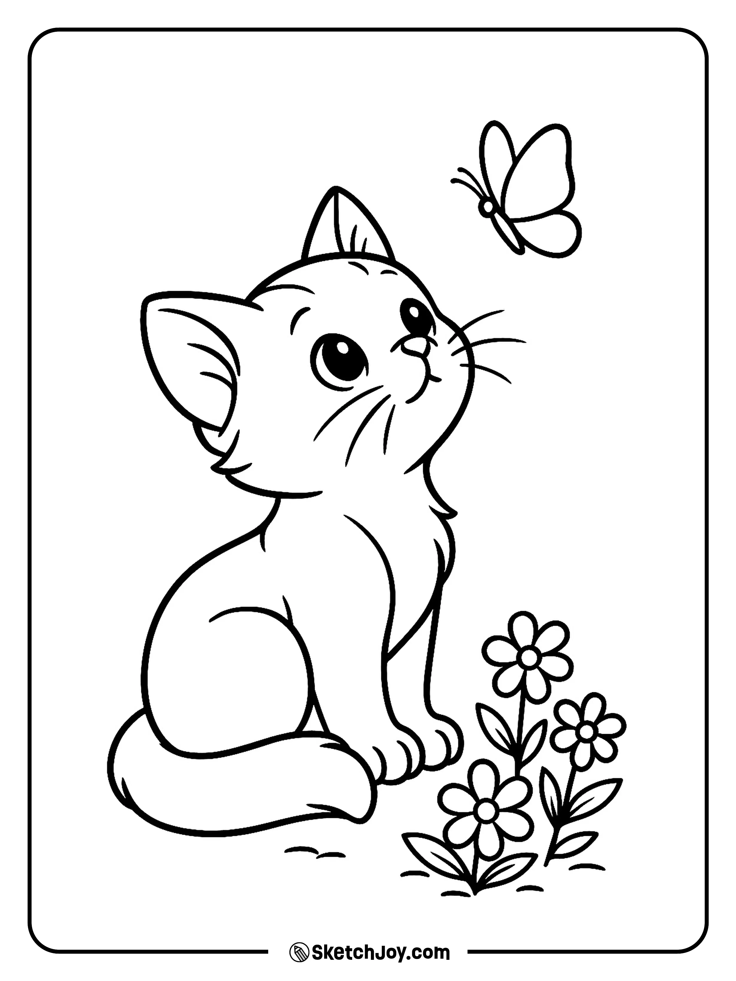 A curious kitten watches a butterfly floating near its nose.