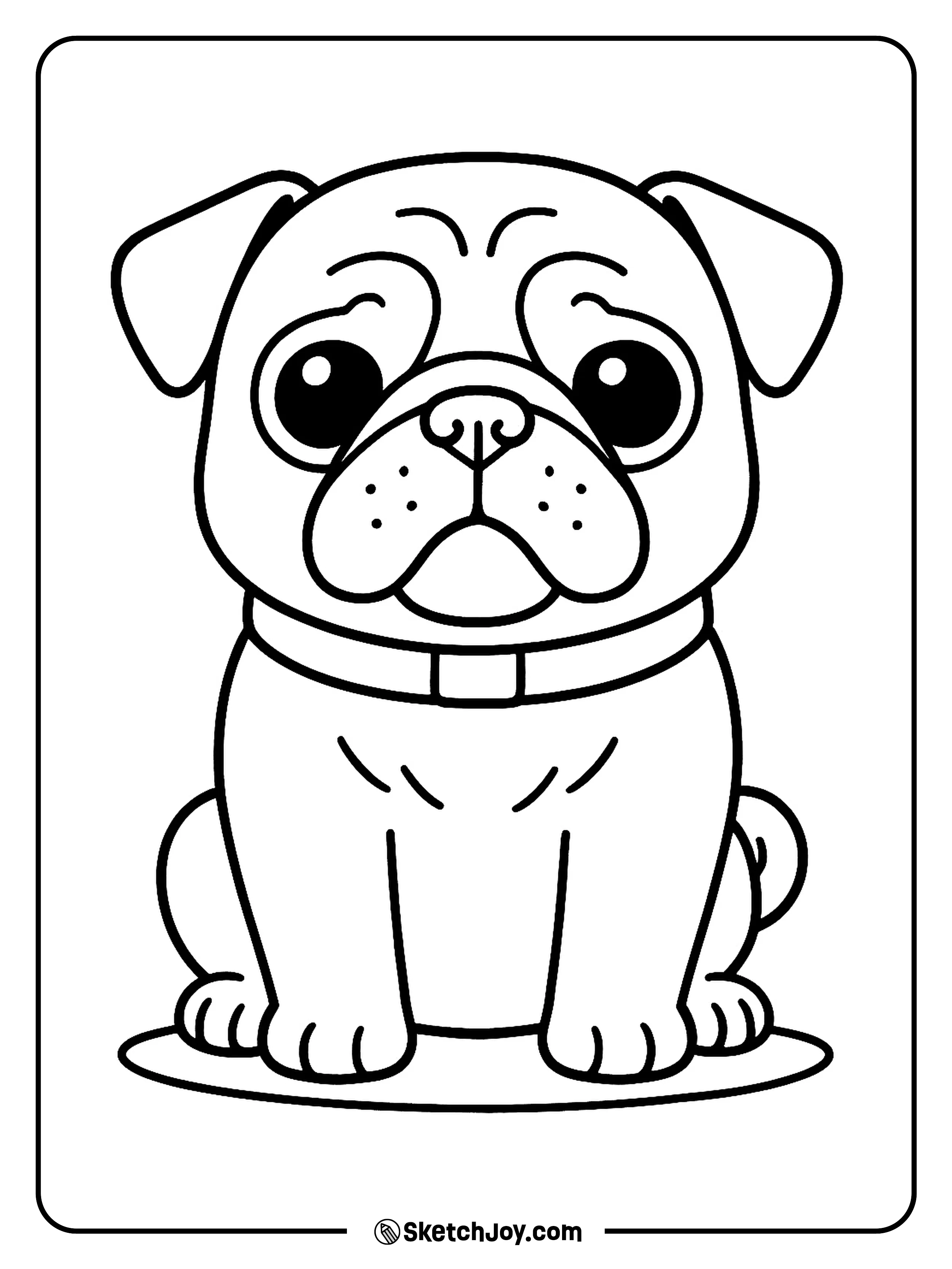 A round-faced pug sits calmly and looks forward.