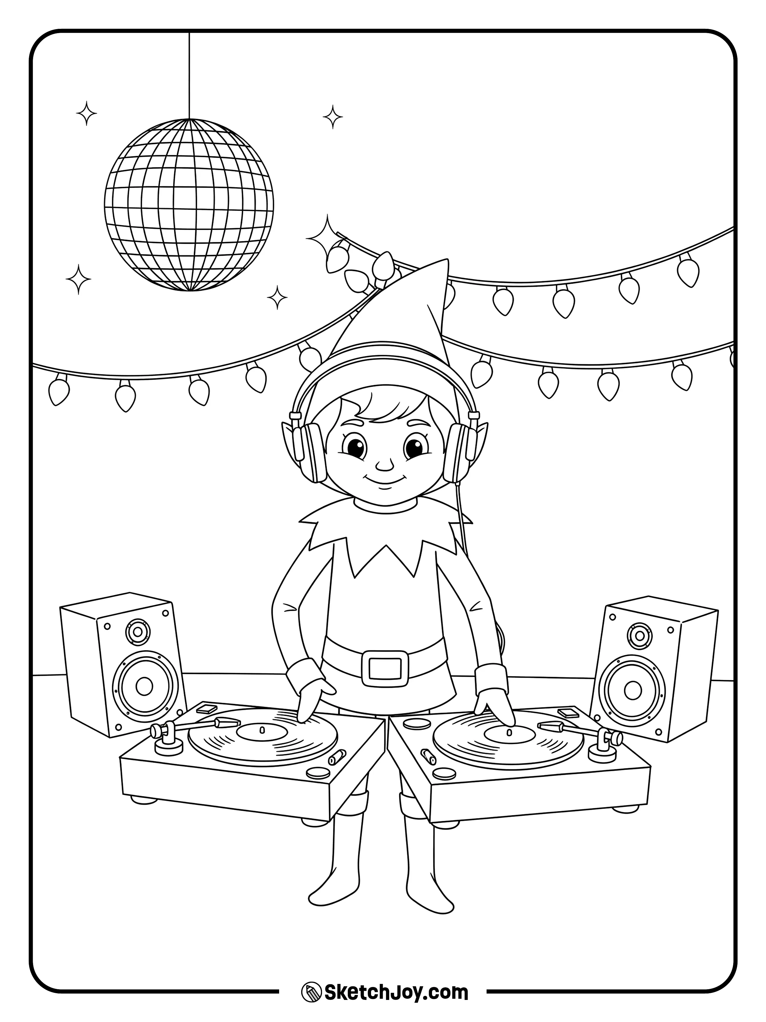 The elf spins records at a tiny party table.