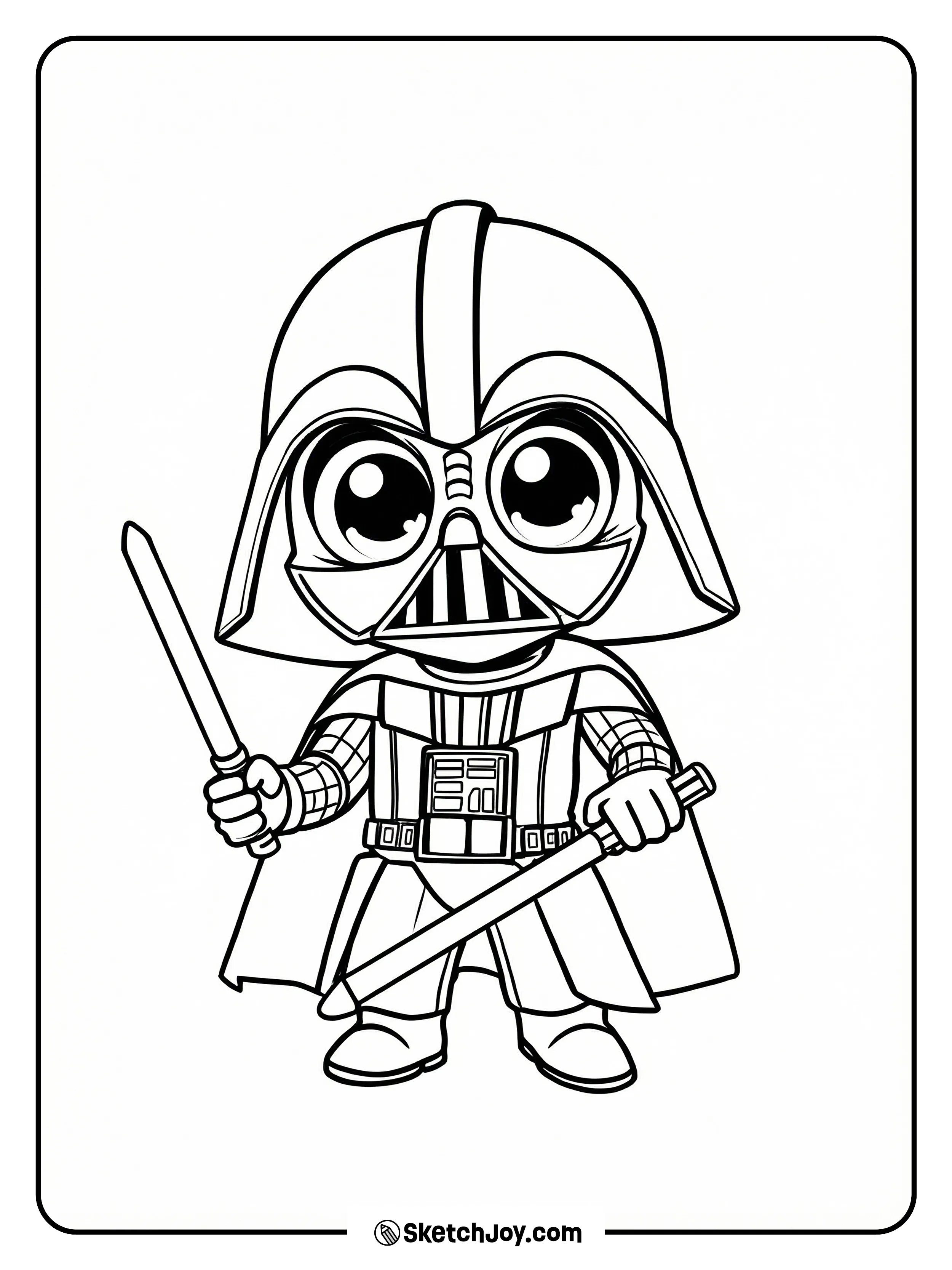 A cute Vader with big eyes holds his saber in both hands.