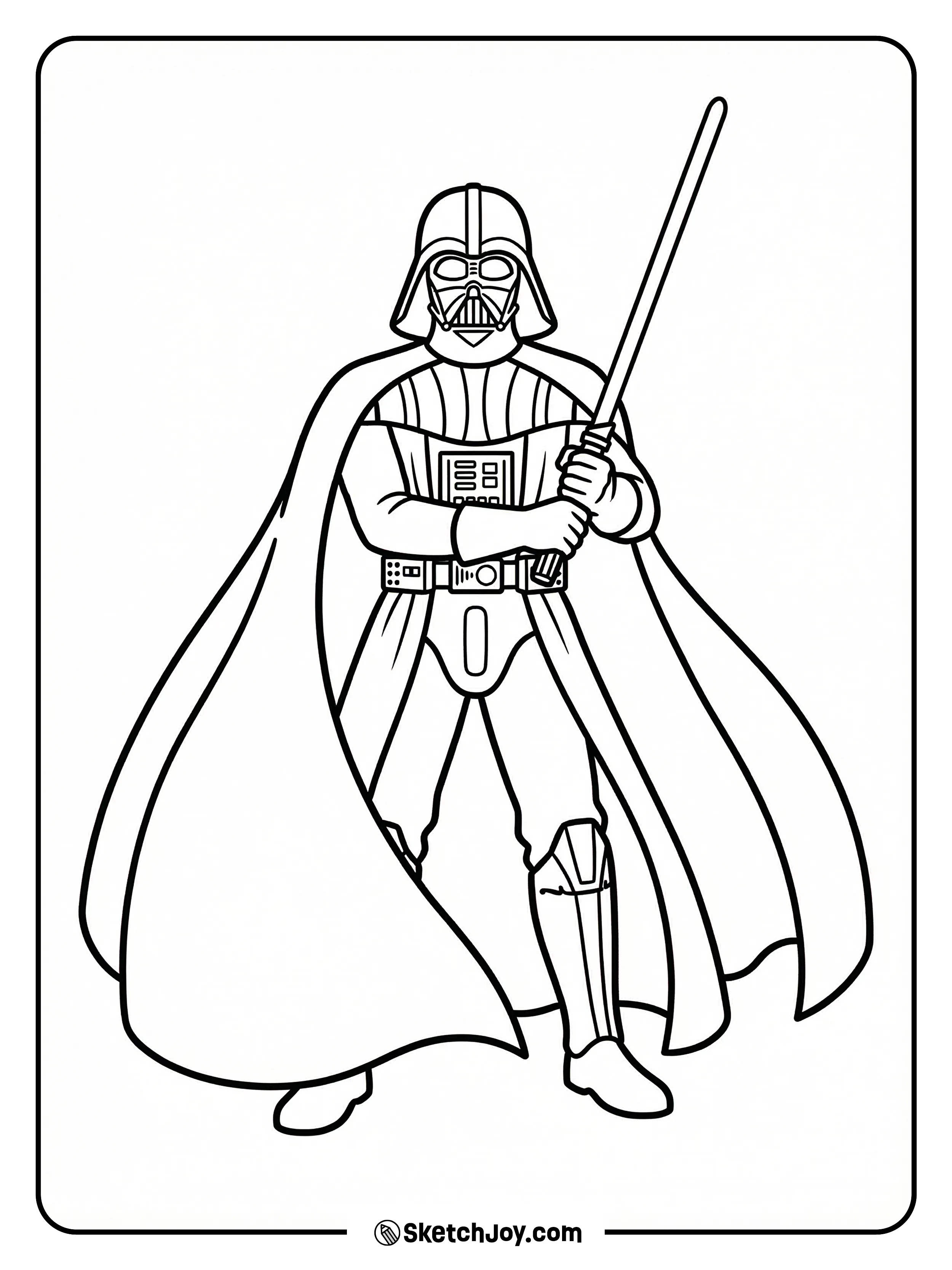 A bold view of Vader raising his lightsaber with a strong stance.