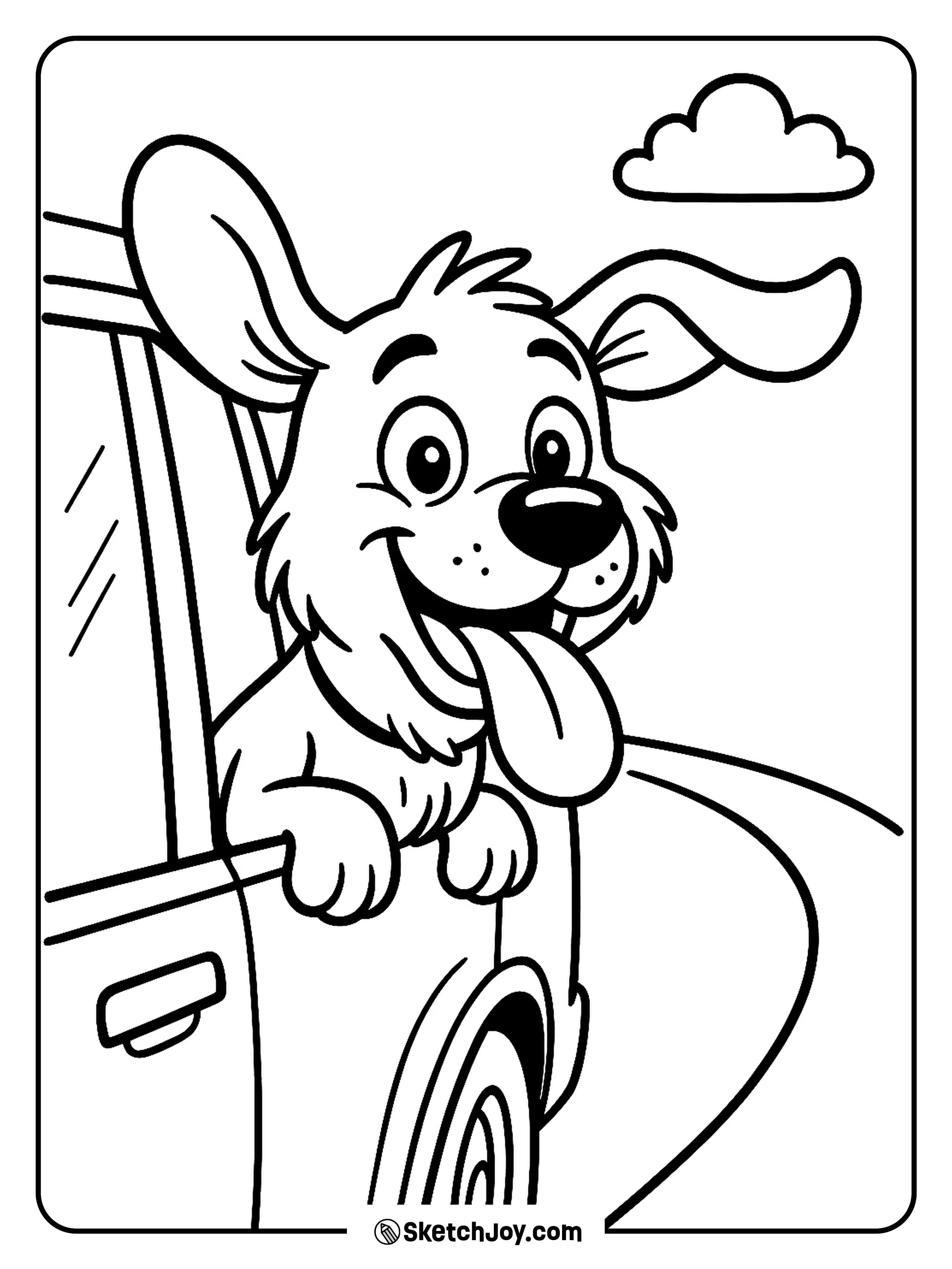 A cheerful dog sticks its head out of a car window.