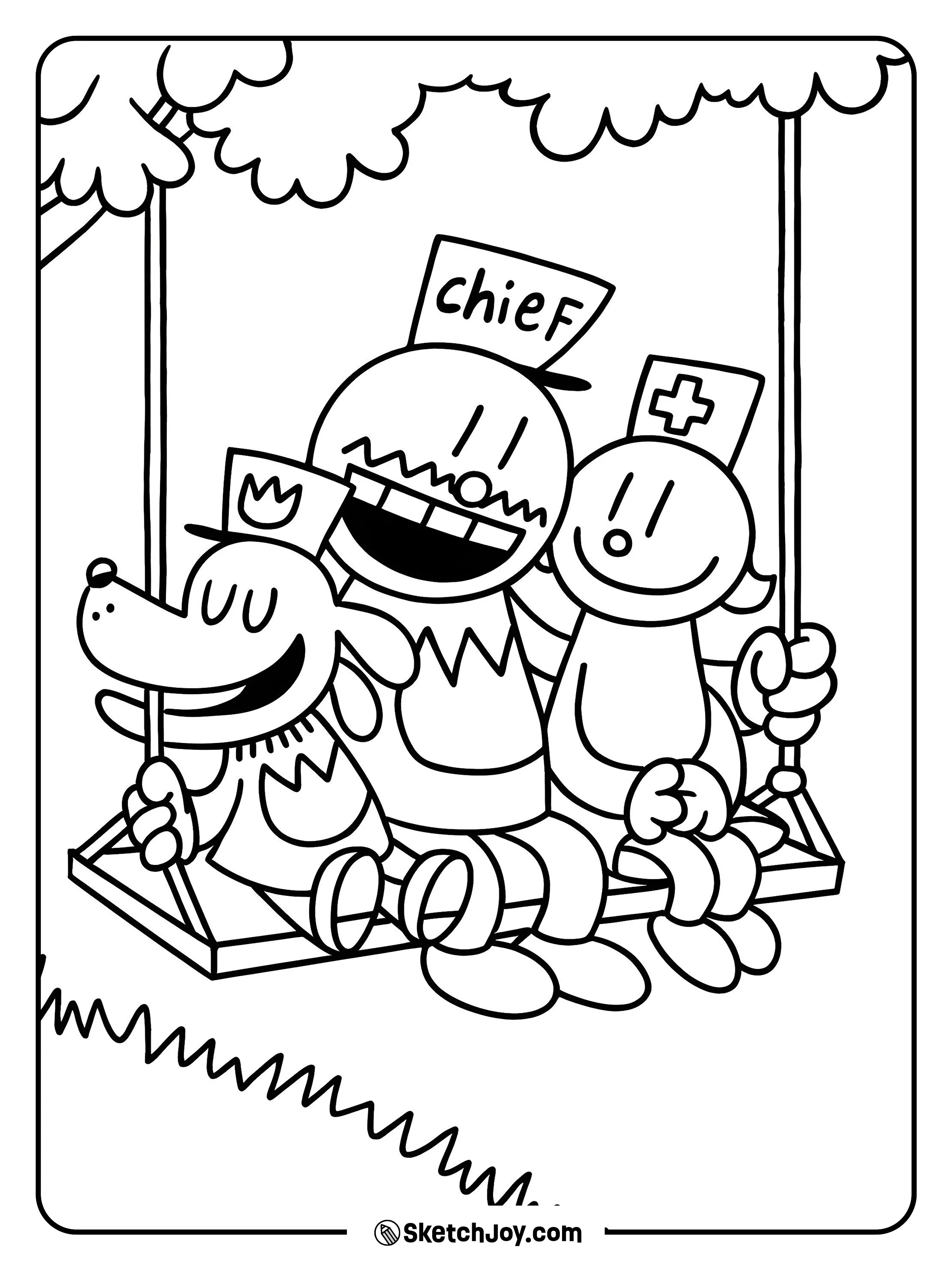 Dog Man sits with Chief and a nurse friend on a park swing.