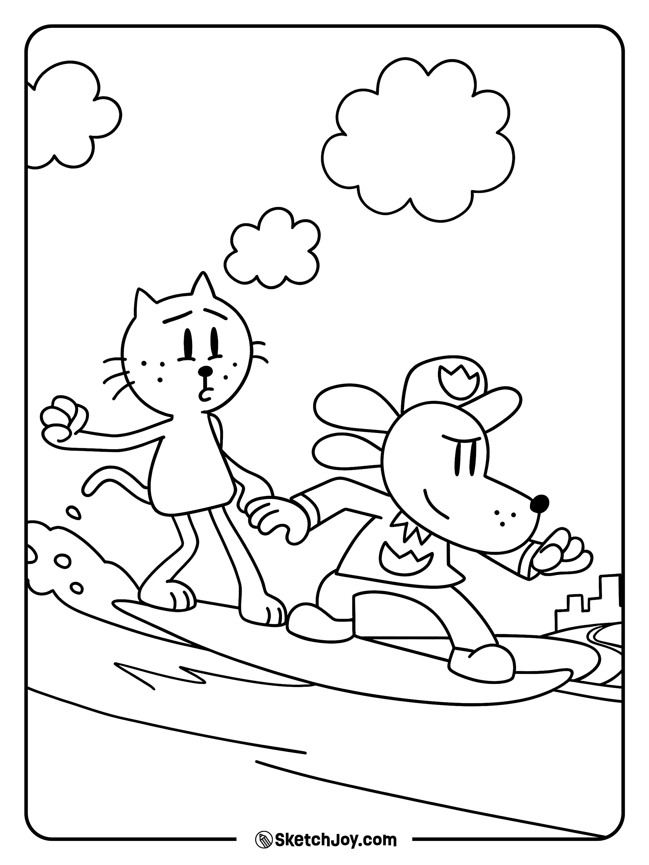 Dog Man leads while Li’l Petey balances on a long board over the bay.