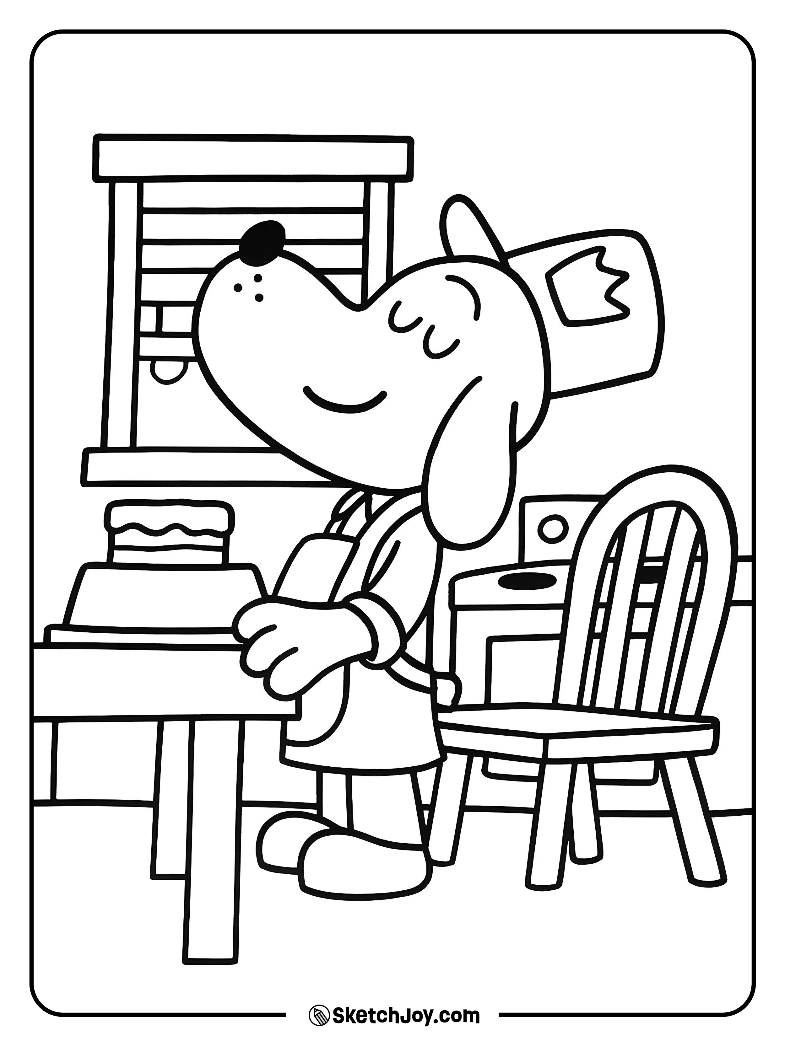 Dog Man smiles in an apron while icing a small cake.