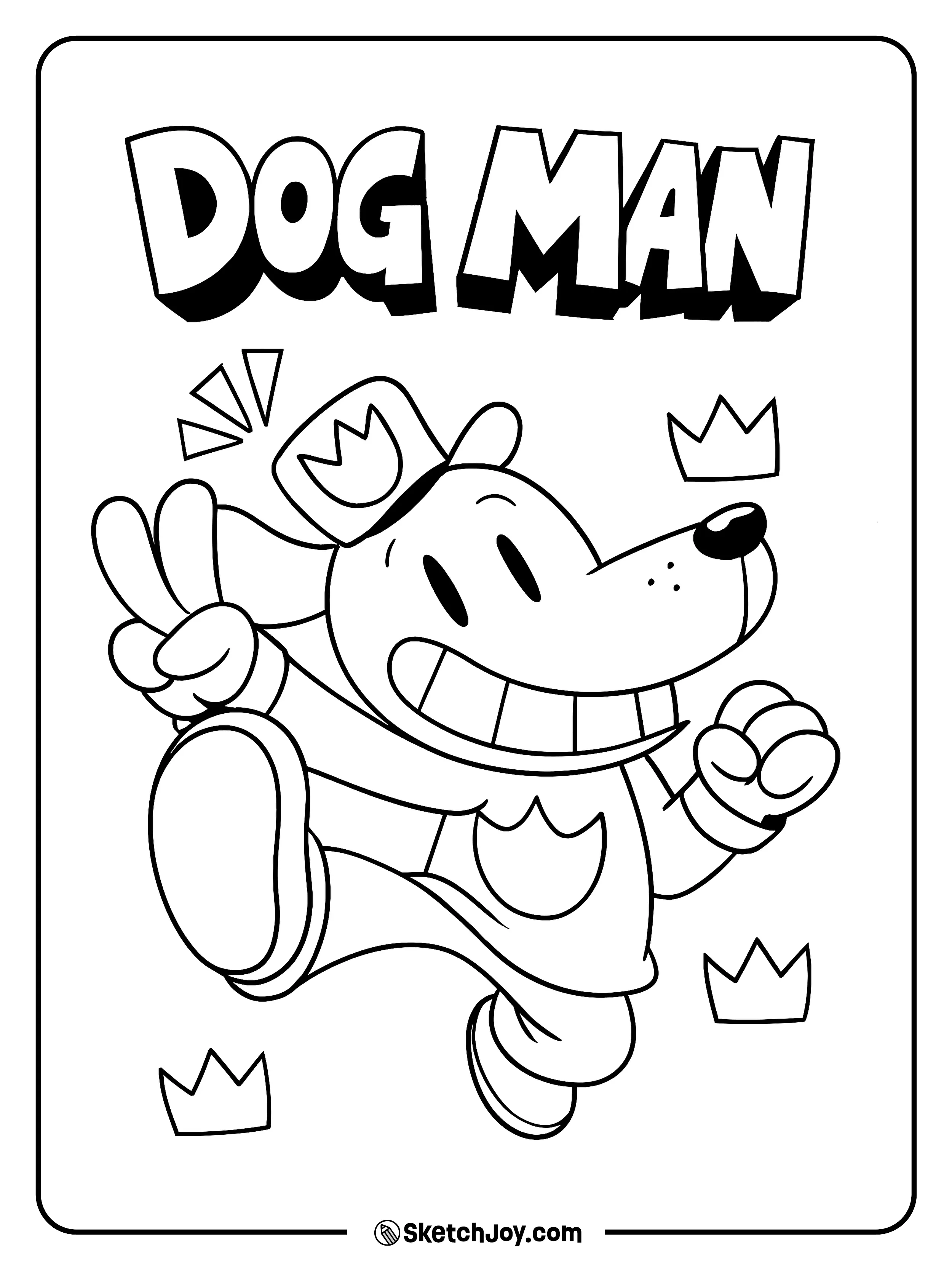 Dog Man jumps high and flashes a peace sign with a huge grin.