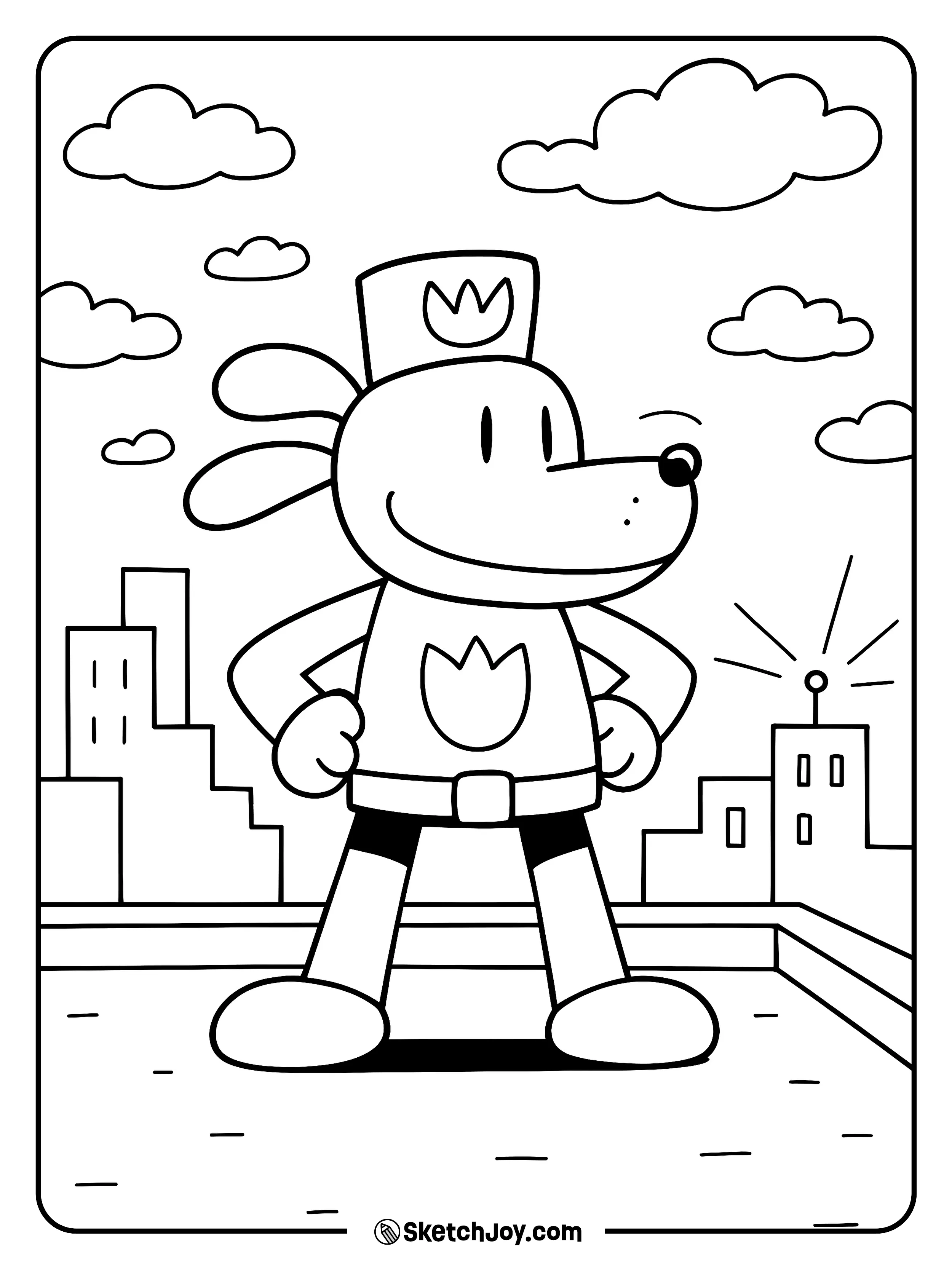 Dog Man stands strong on a city roof with clouds above.