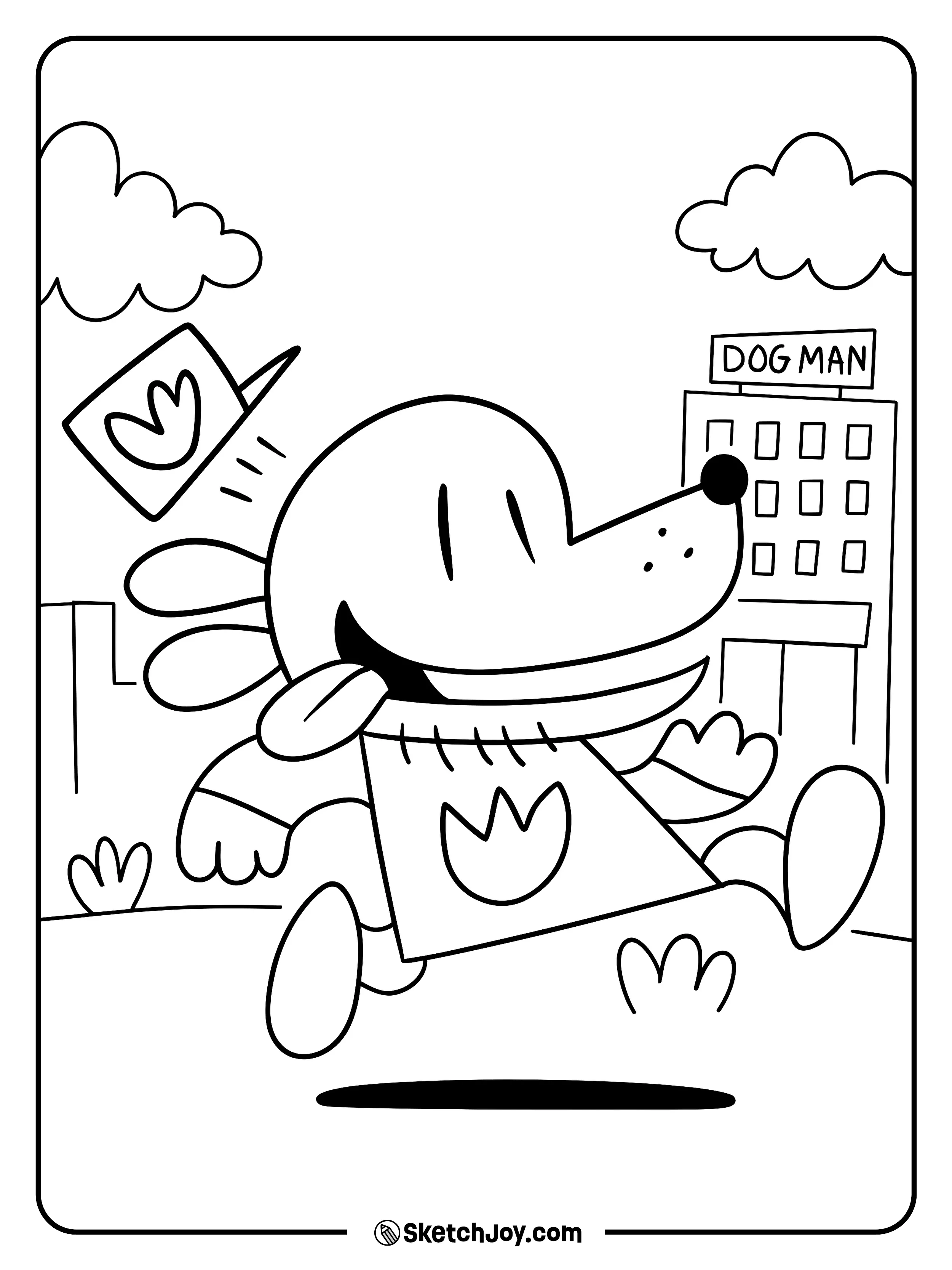 Dog Man runs fast as his hat flips and the HQ sign shows behind.