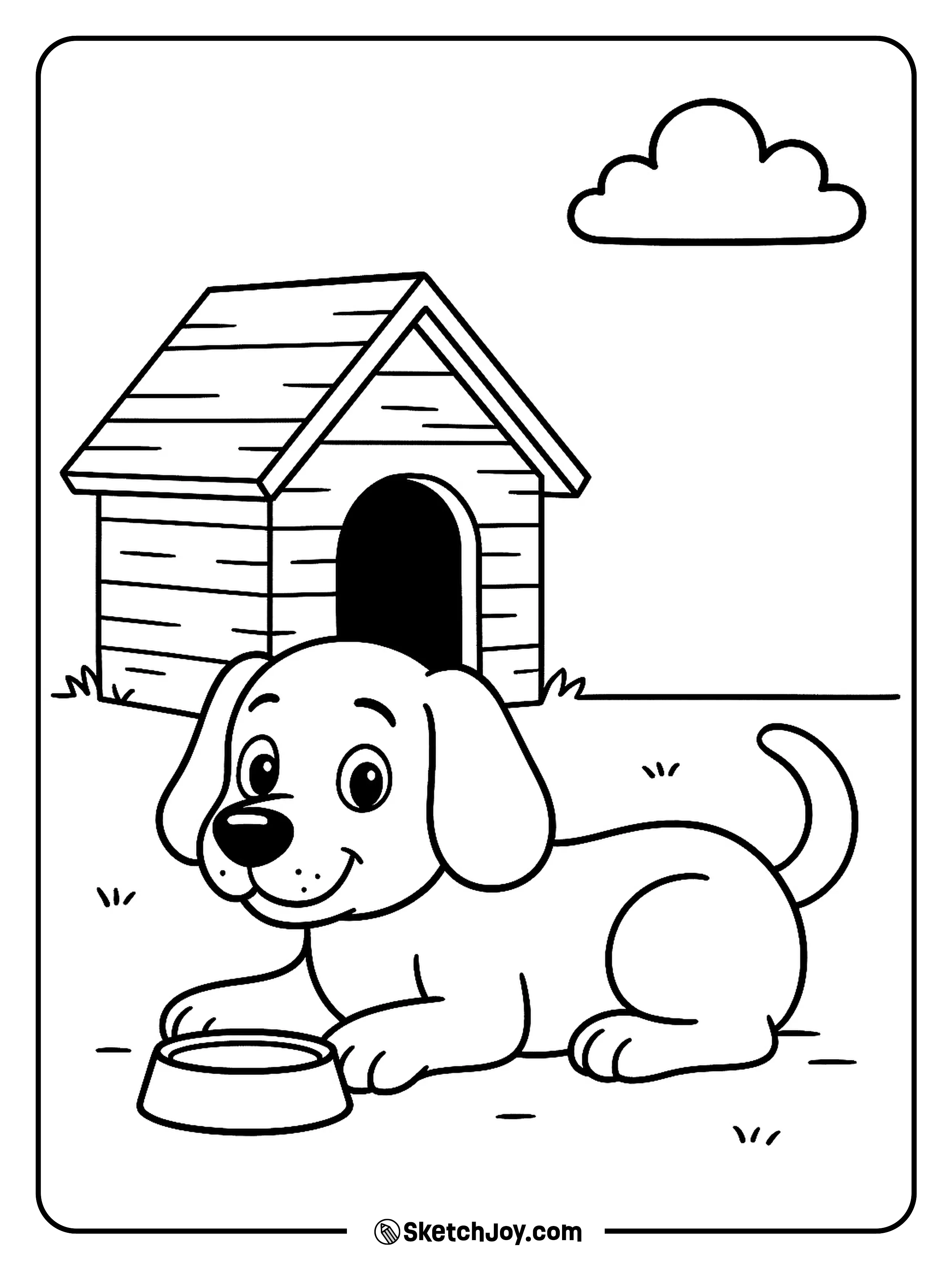 A friendly dog rests near its doghouse with a food bowl.