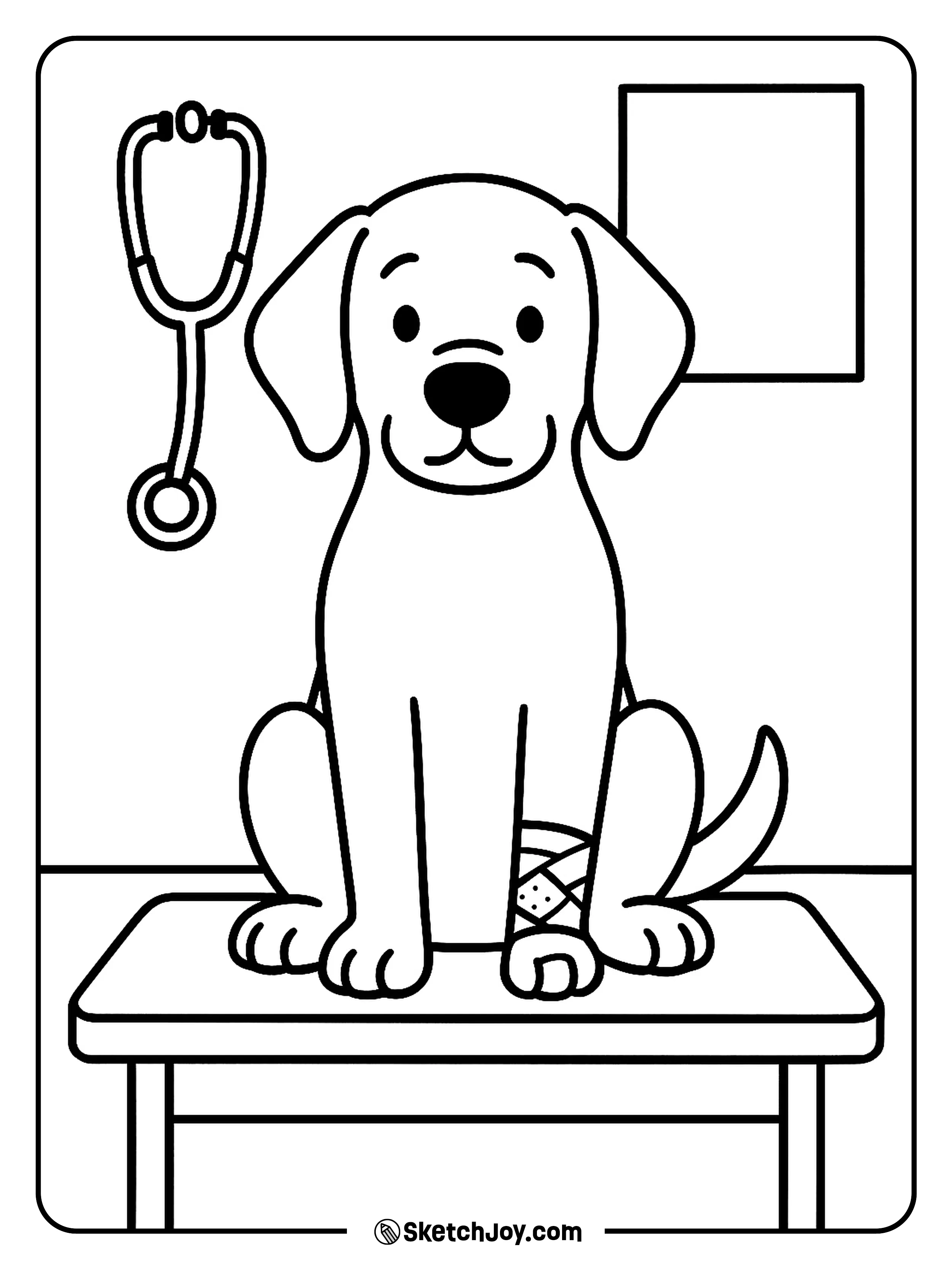 A kind dog sits on a table while the vet tools rest nearby.