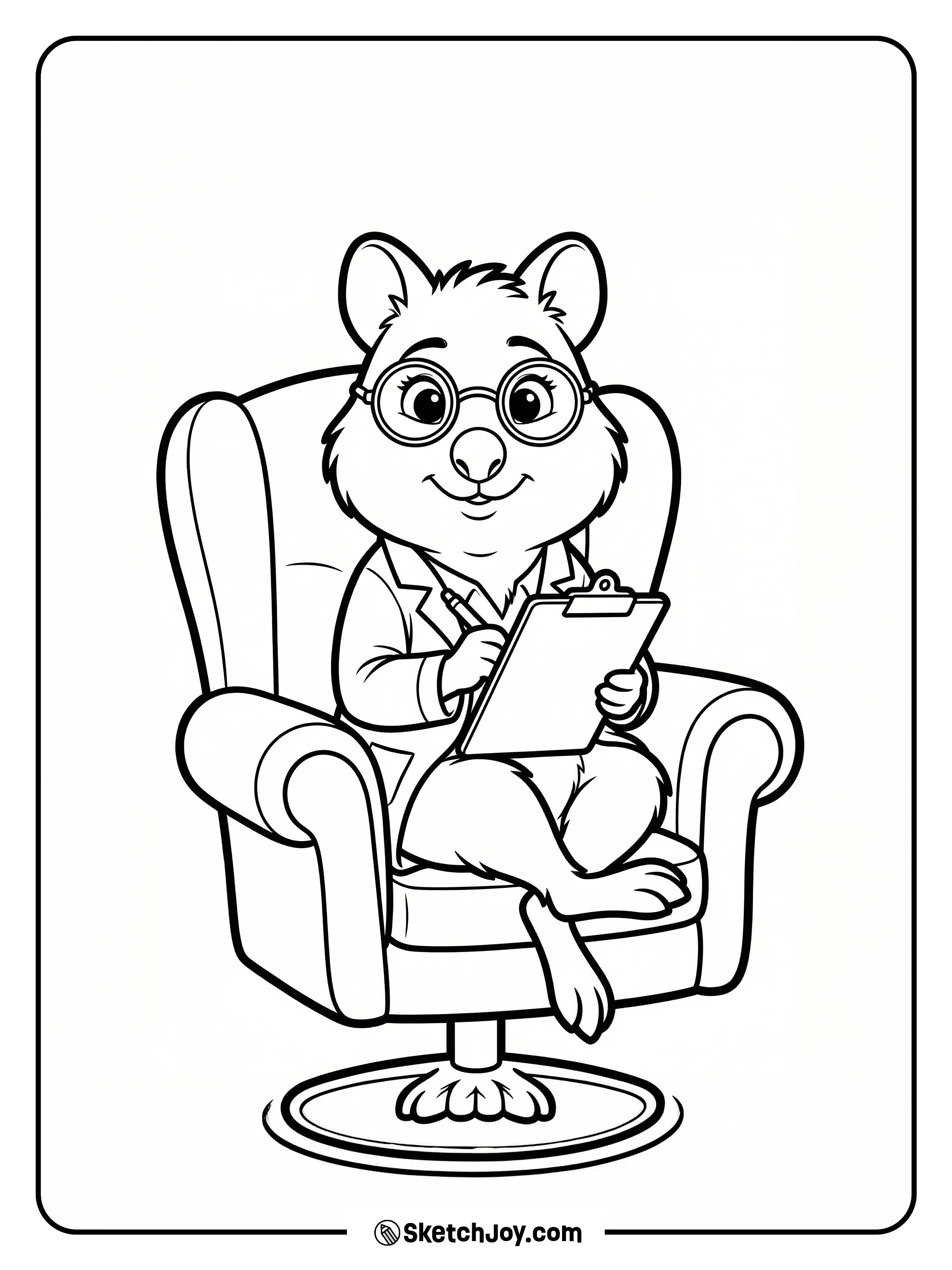 Dr. Fuzzby sits alone in her chair, legs crossed and pen ready above her notes.
