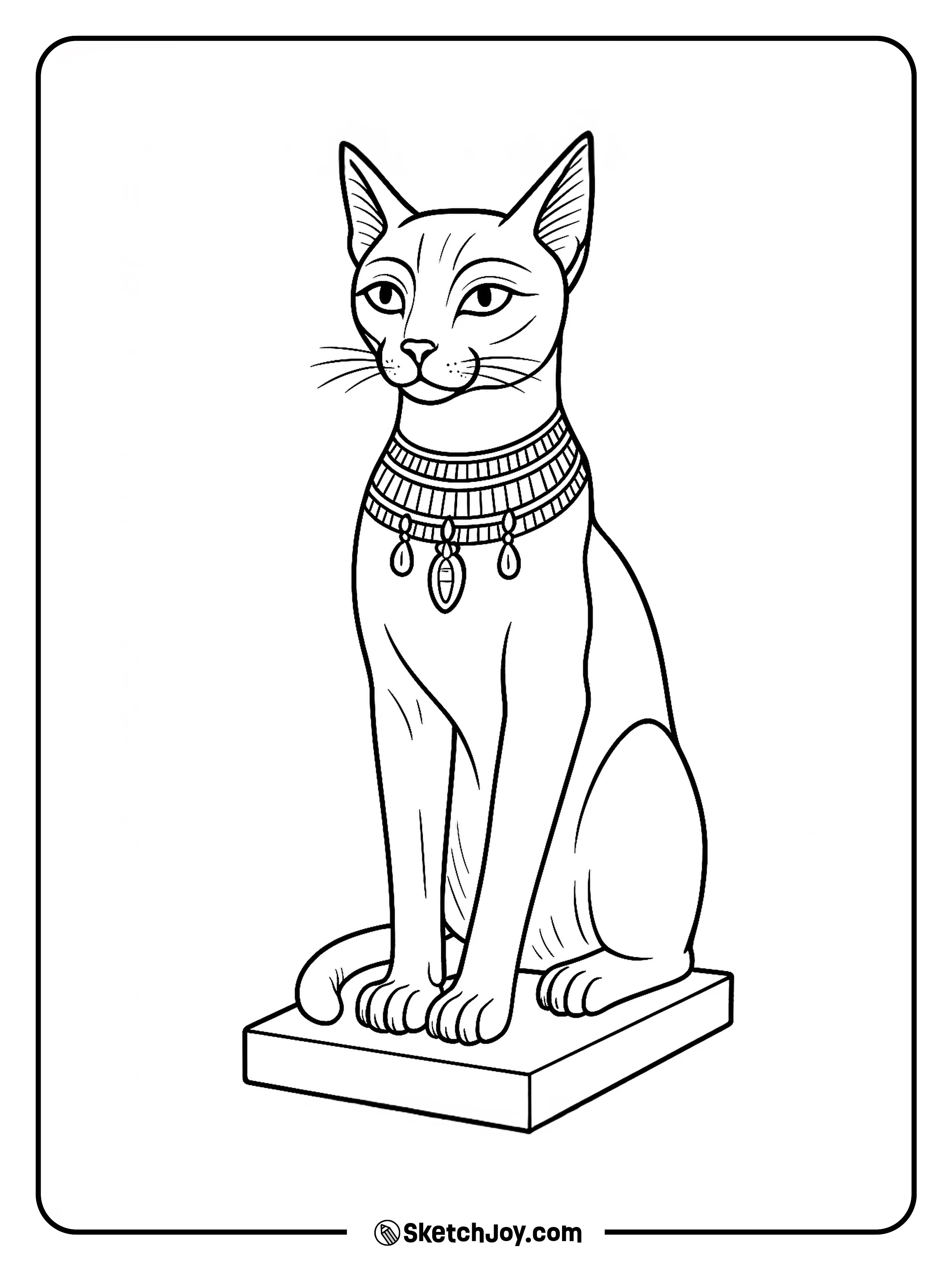 A sleek cat statue sits tall with a collar and simple jewelry lines.