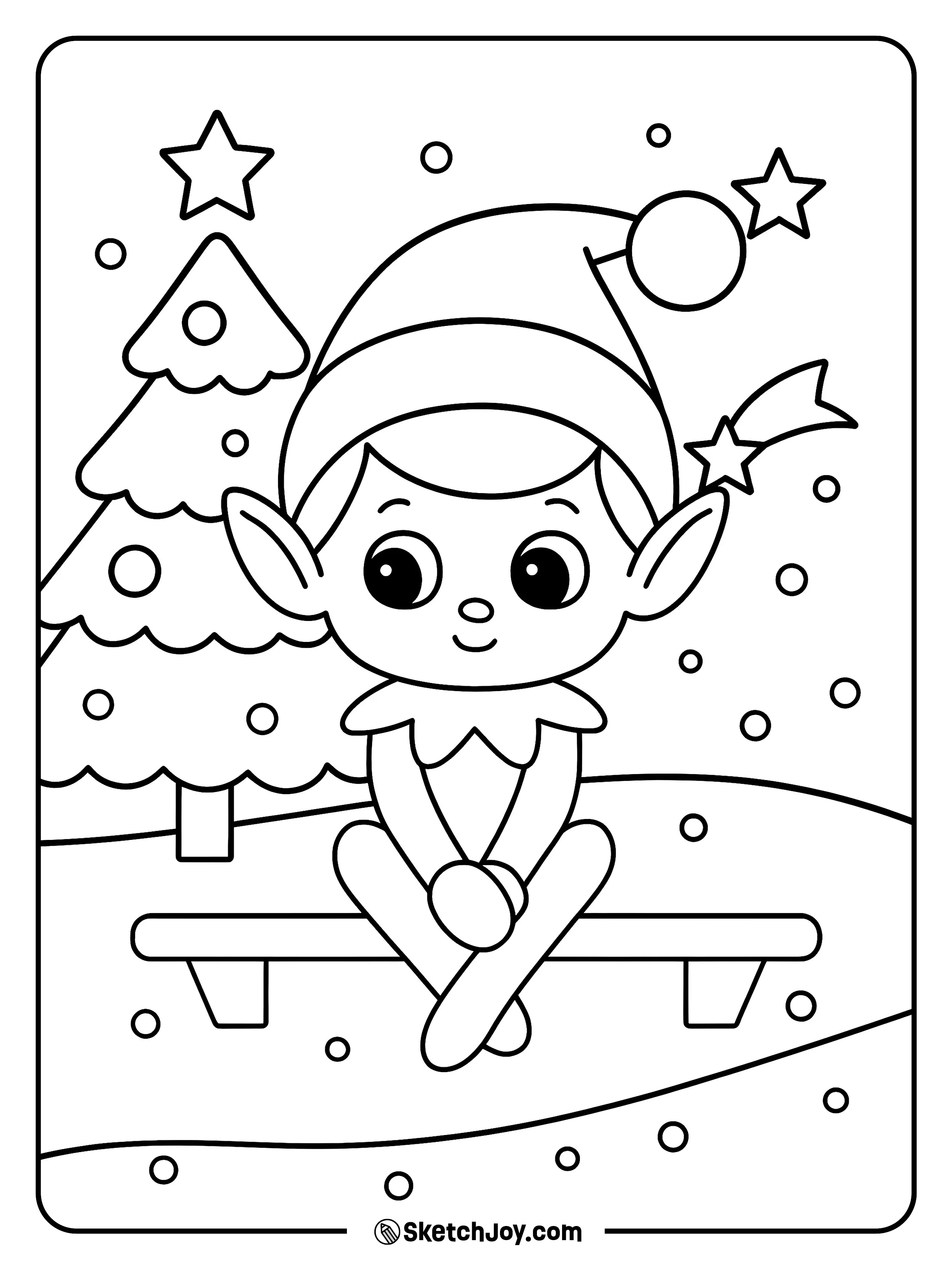 A cute elf sits cross-legged near a decorated tree.